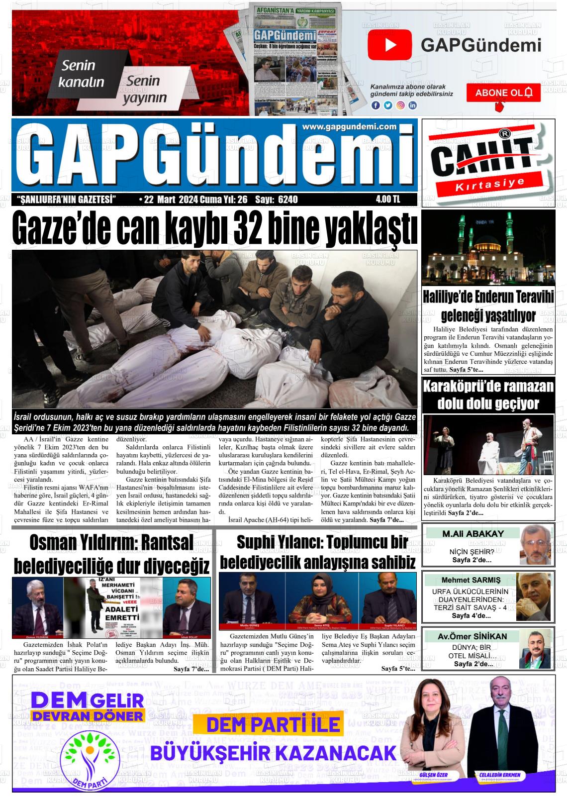 22 Mart 2024 Gap Gündemi Gazete Manşeti