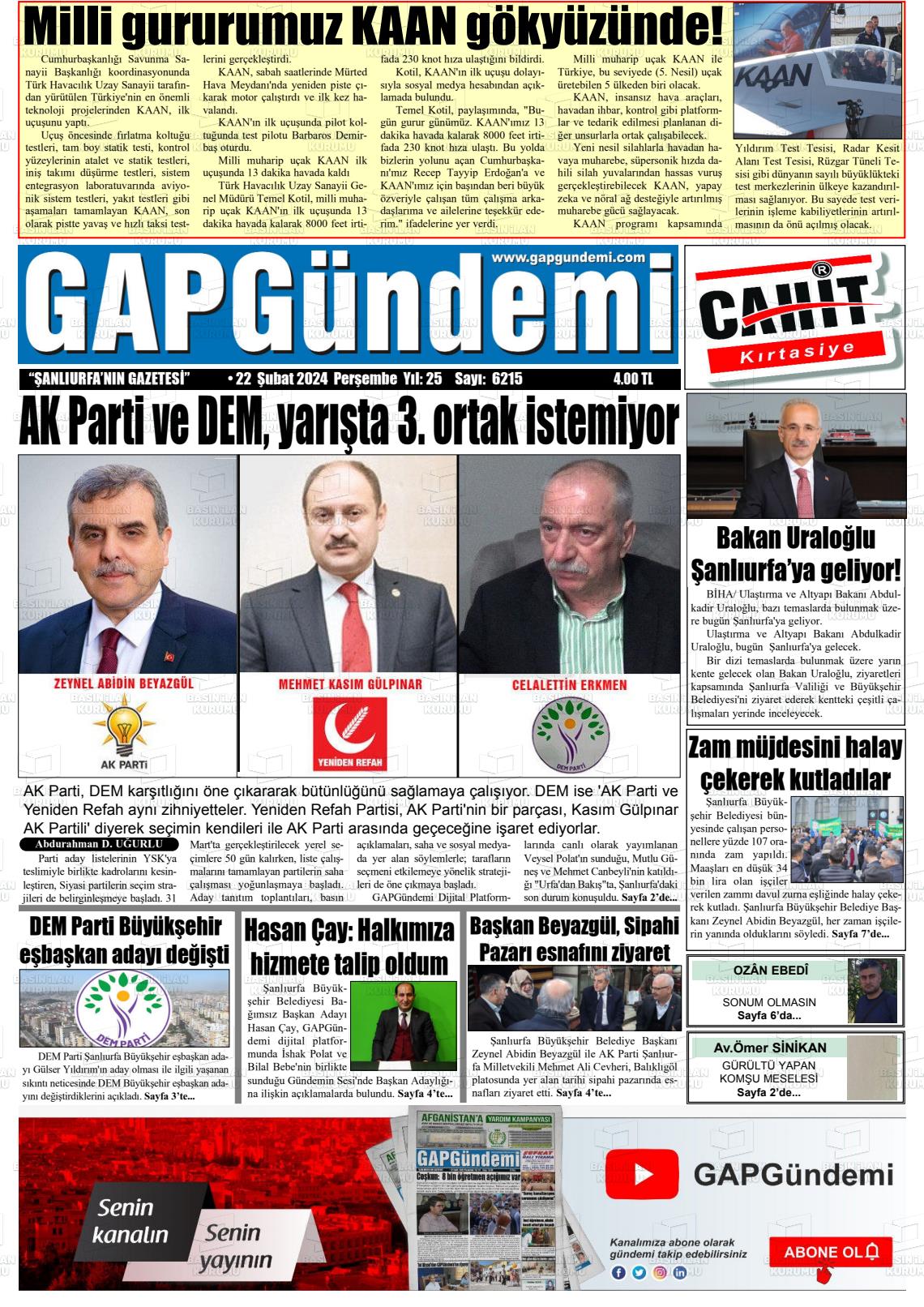 22 Şubat 2024 Gap Gündemi Gazete Manşeti