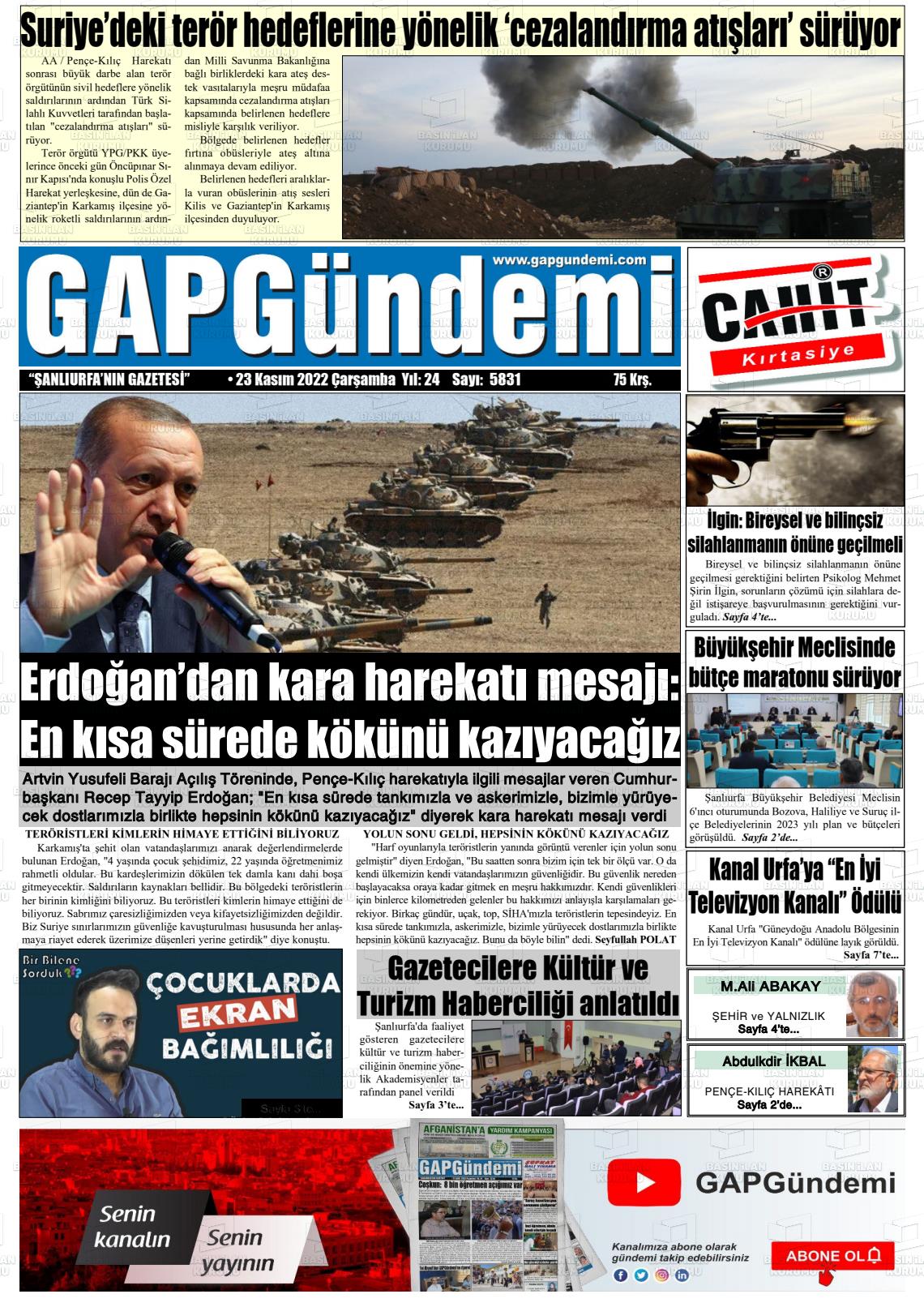 23 Kasım 2022 Gap Gündemi Gazete Manşeti