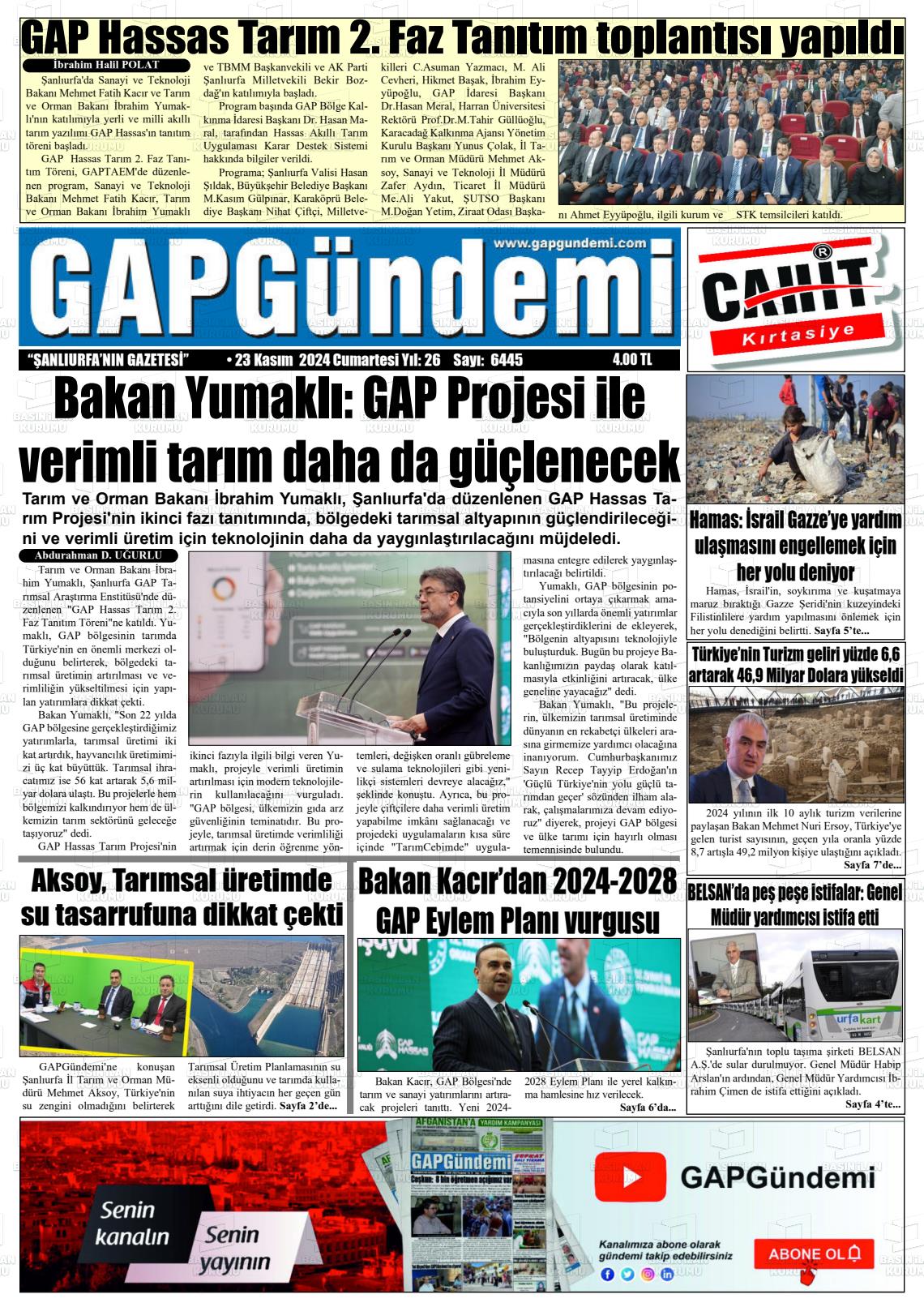 23 Kasım 2024 Gap Gündemi Gazete Manşeti