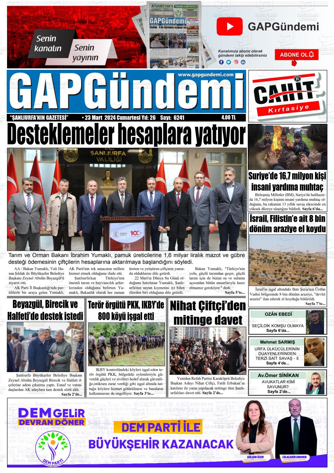 23 Mart 2024 Gap Gündemi Gazete Manşeti