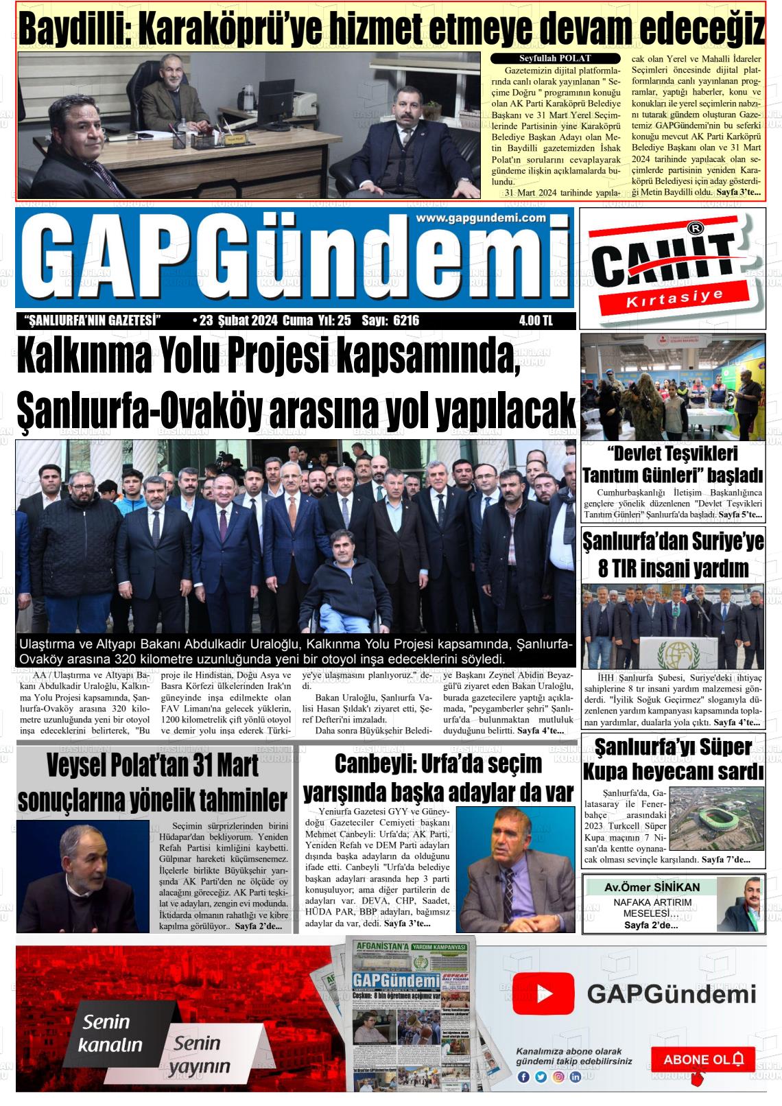 23 Şubat 2024 Gap Gündemi Gazete Manşeti