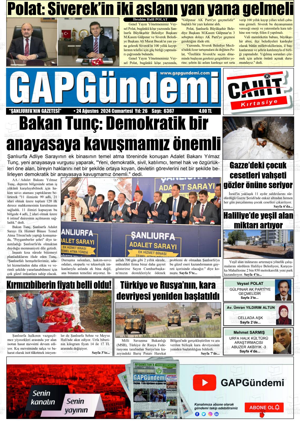 24 Ağustos 2024 Gap Gündemi Gazete Manşeti