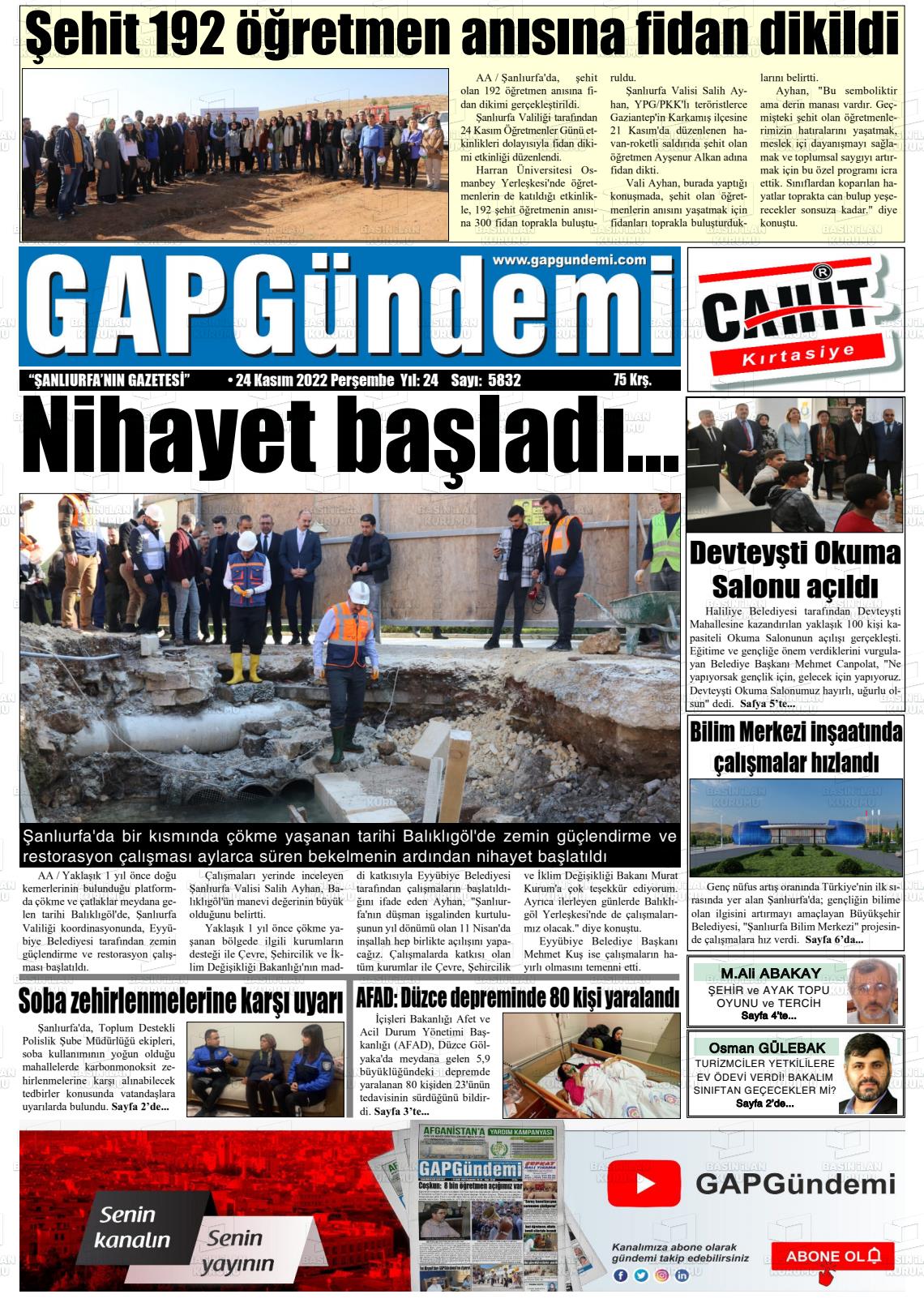 24 Kasım 2022 Gap Gündemi Gazete Manşeti