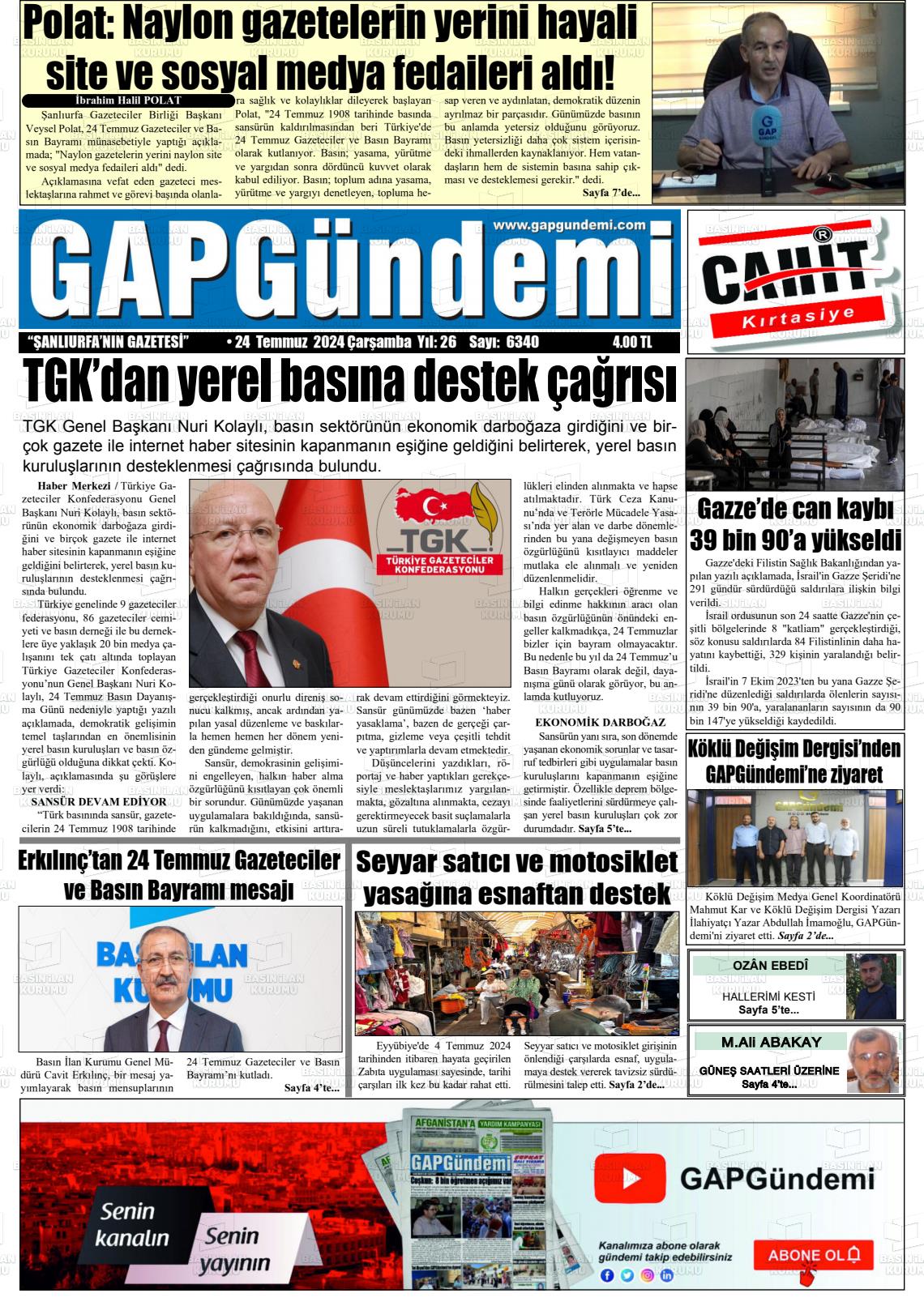 24 Temmuz 2024 Gap Gündemi Gazete Manşeti