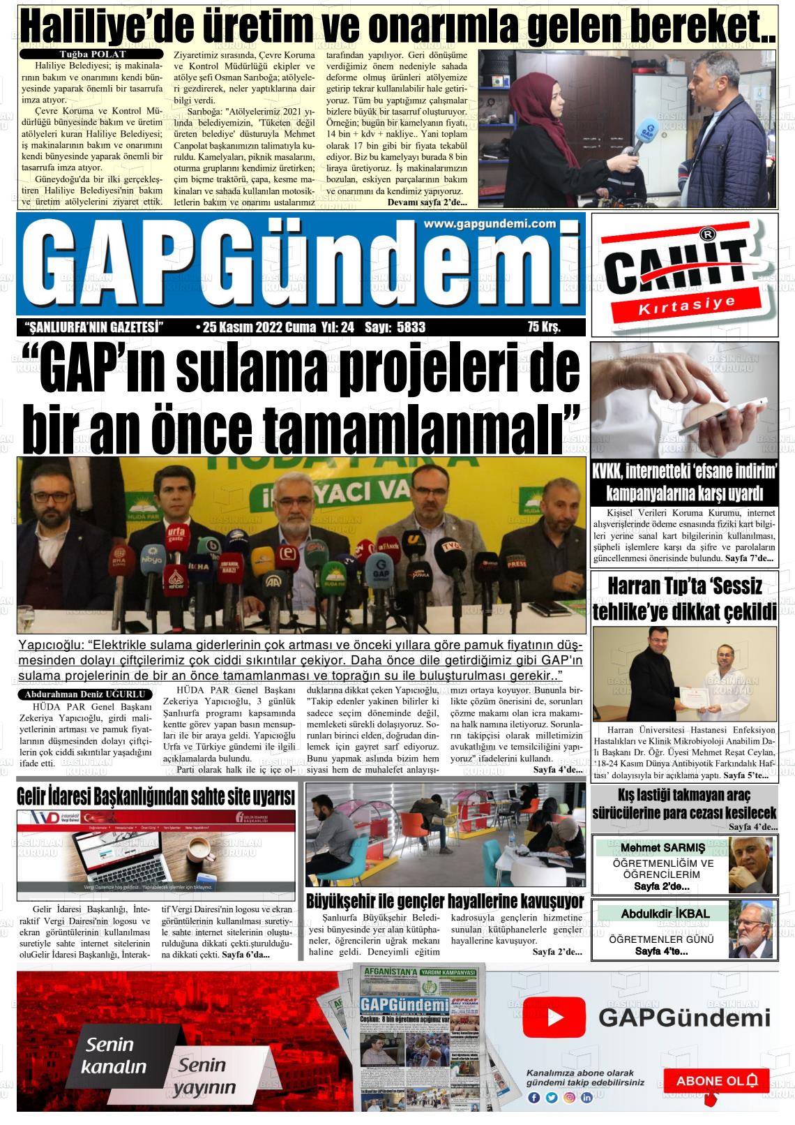 25 Kasım 2022 Gap Gündemi Gazete Manşeti