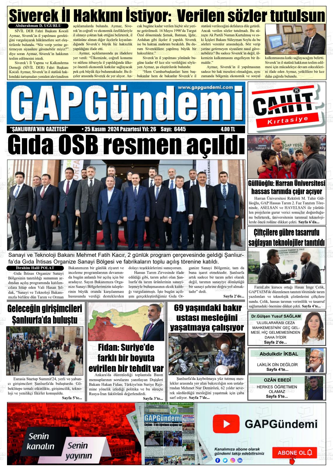 25 Kasım 2024 Gap Gündemi Gazete Manşeti