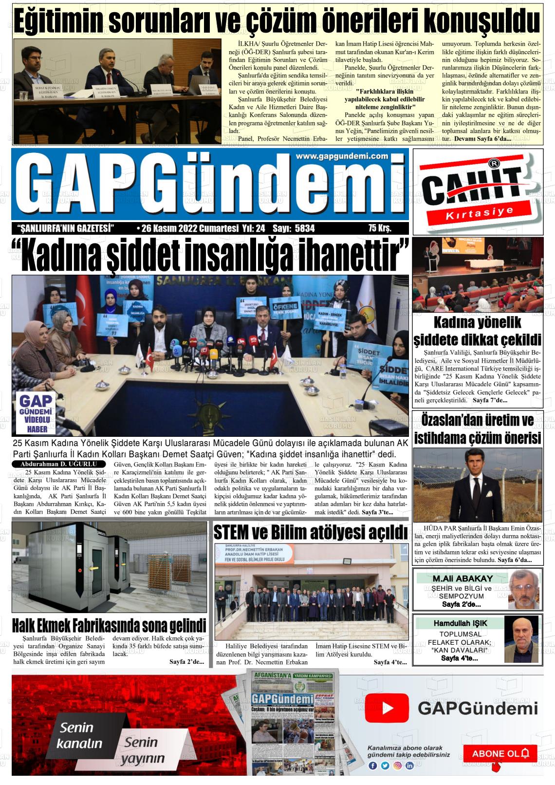 26 Kasım 2022 Gap Gündemi Gazete Manşeti