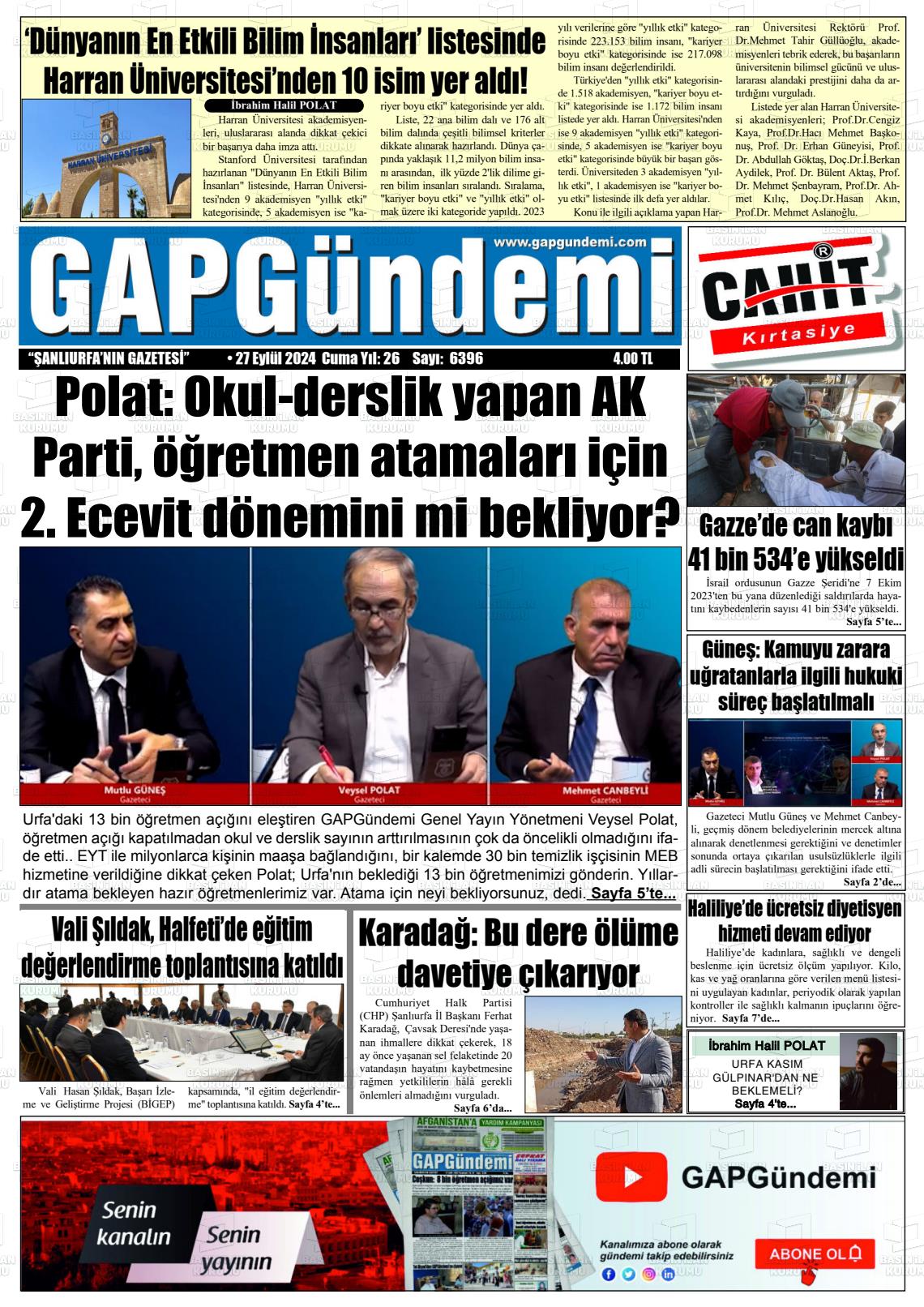 27 Eylül 2024 Gap Gündemi Gazete Manşeti