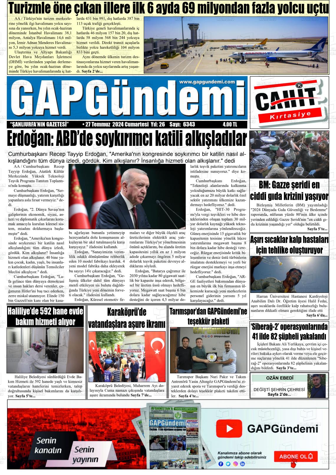 27 Temmuz 2024 Gap Gündemi Gazete Manşeti