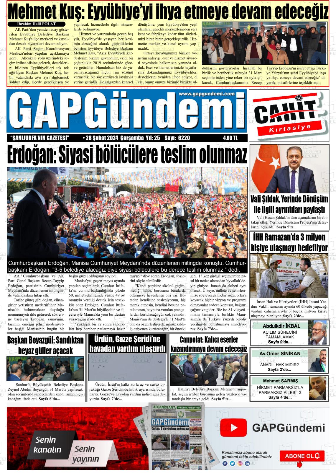 28 Şubat 2024 Gap Gündemi Gazete Manşeti