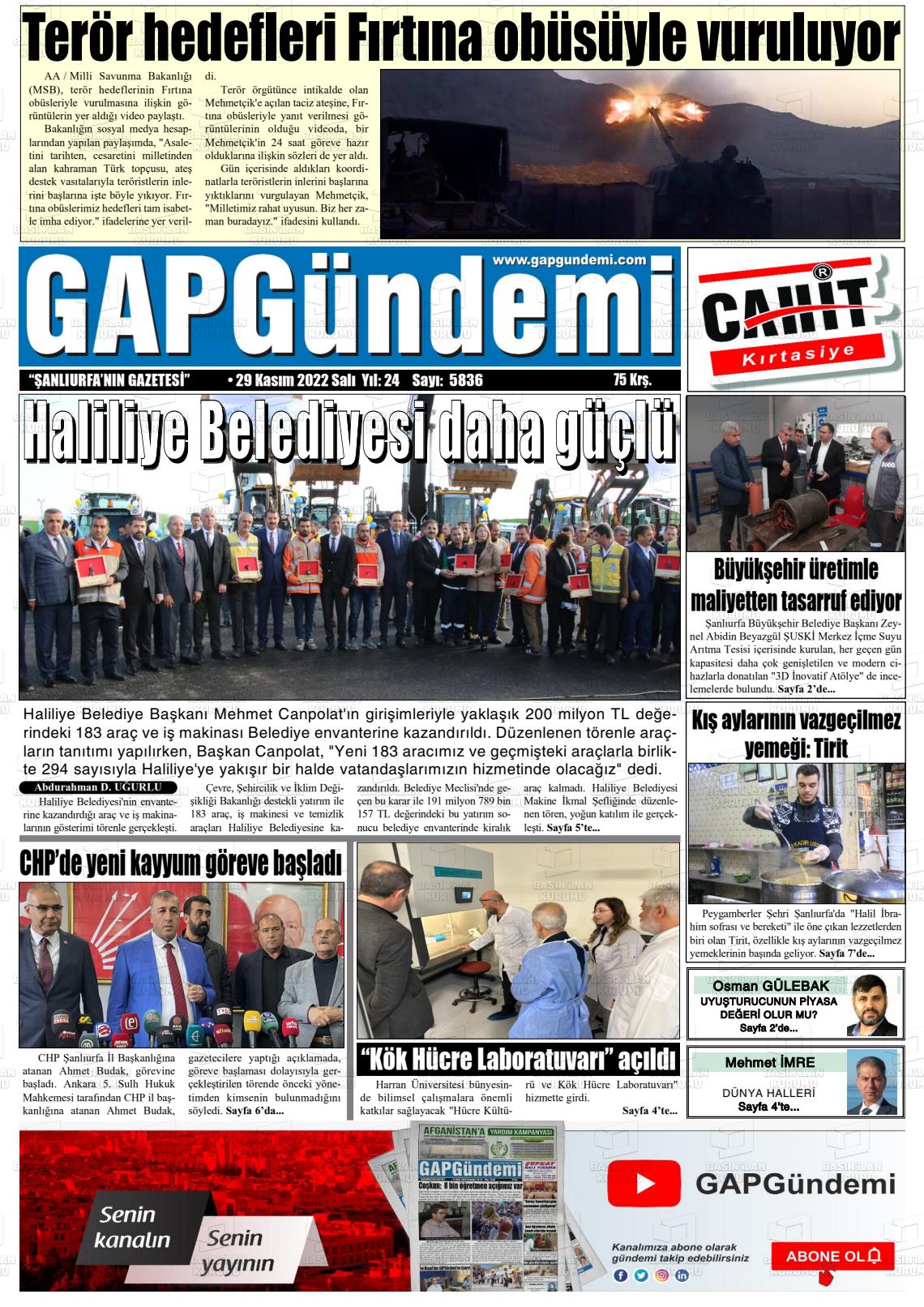 29 Kasım 2022 Gap Gündemi Gazete Manşeti