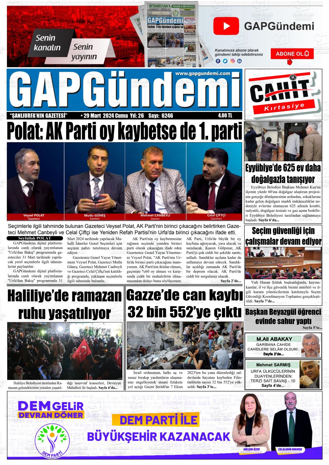 29 Mart 2024 Gap Gündemi Gazete Manşeti