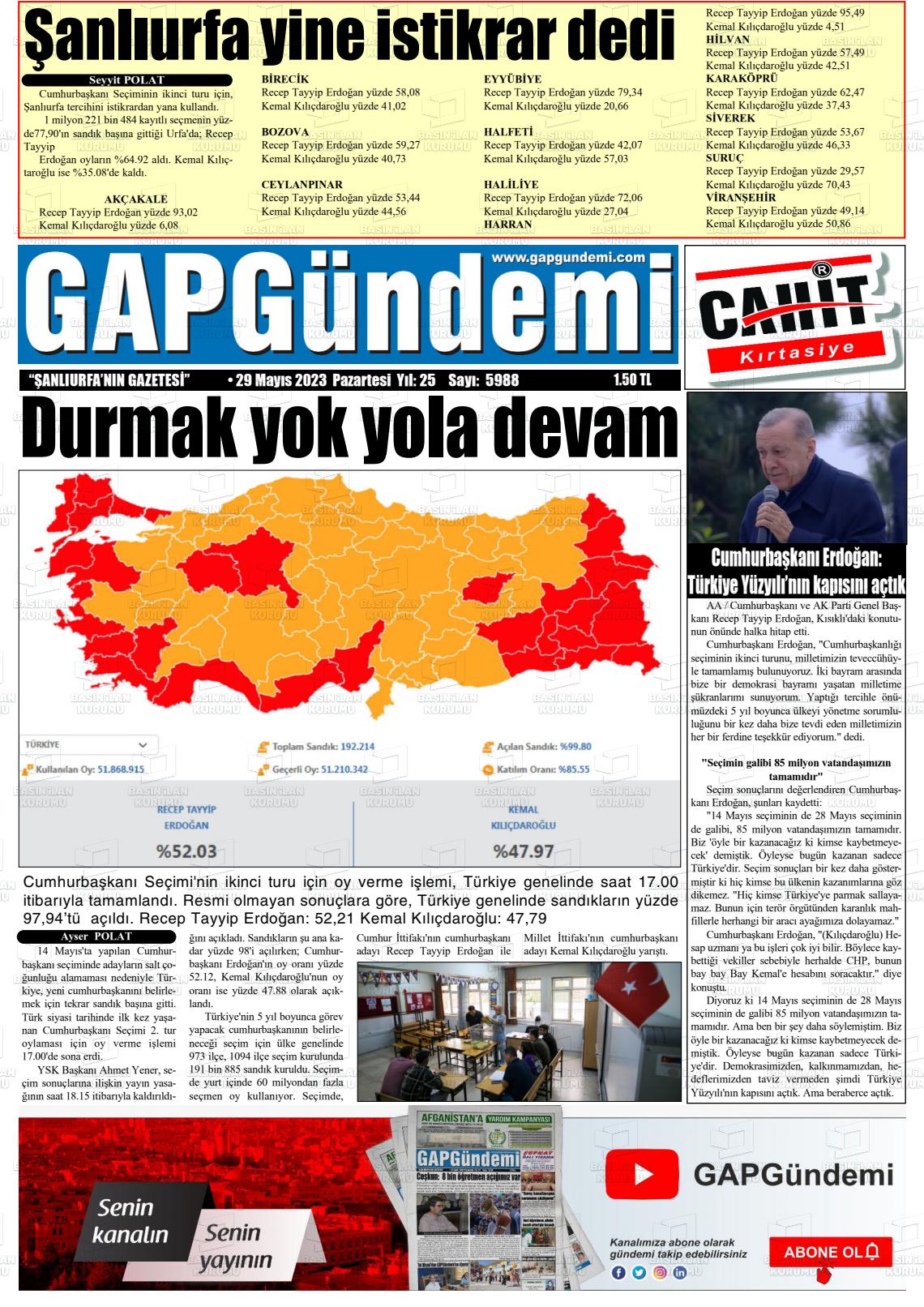 29 Mayıs 2023 Gap Gündemi Gazete Manşeti