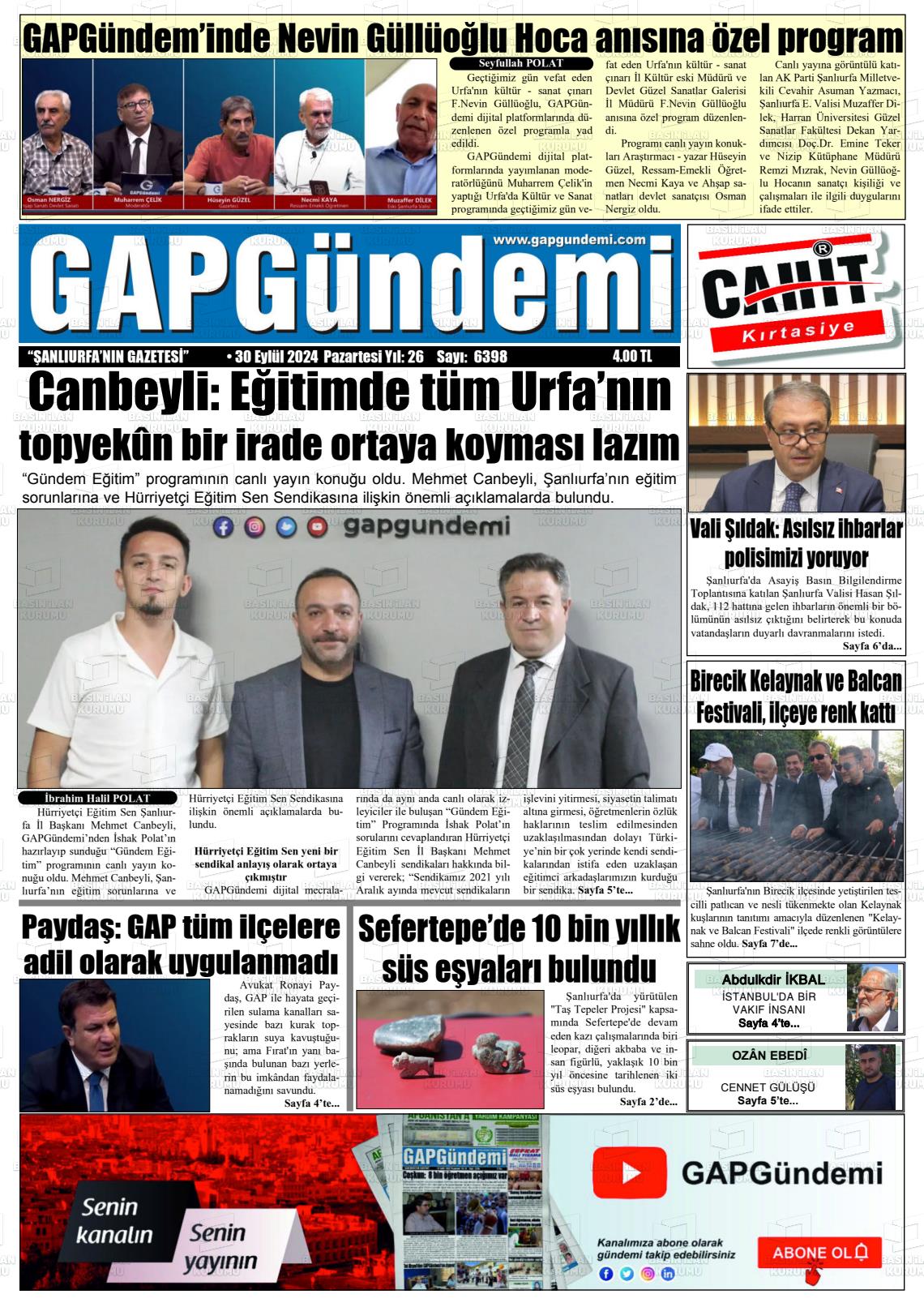 30 Eylül 2024 Gap Gündemi Gazete Manşeti