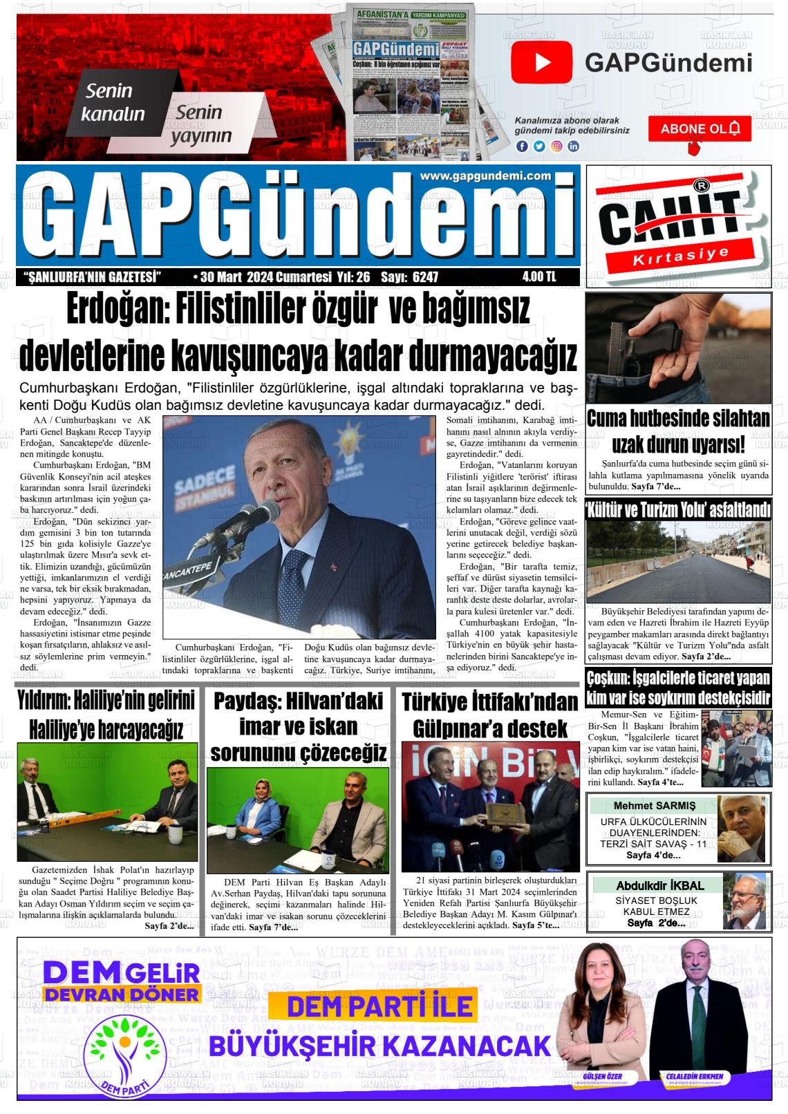 30 Mart 2024 Gap Gündemi Gazete Manşeti