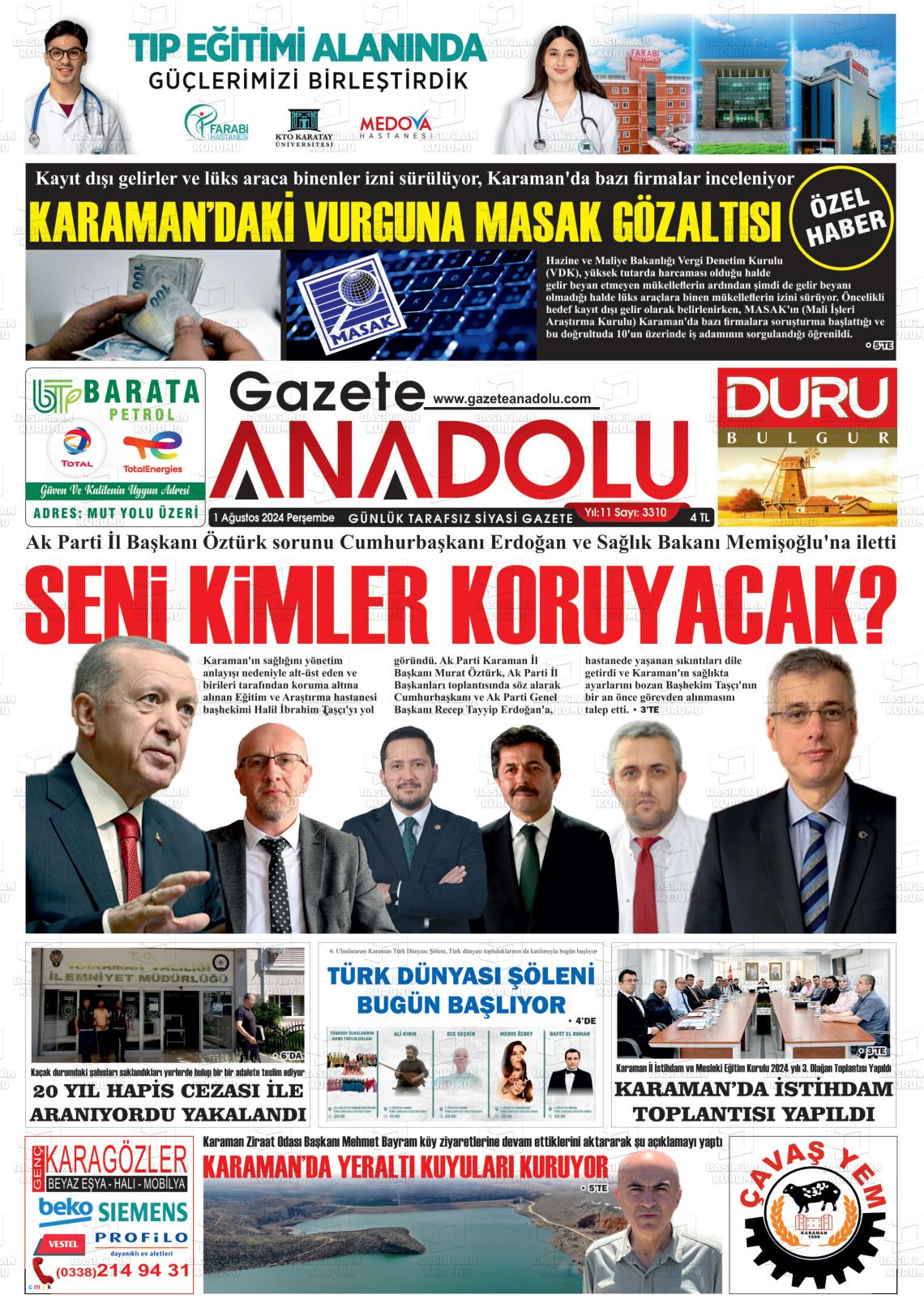 01 Ağustos 2024 Gazete Anadolu Gazete Manşeti