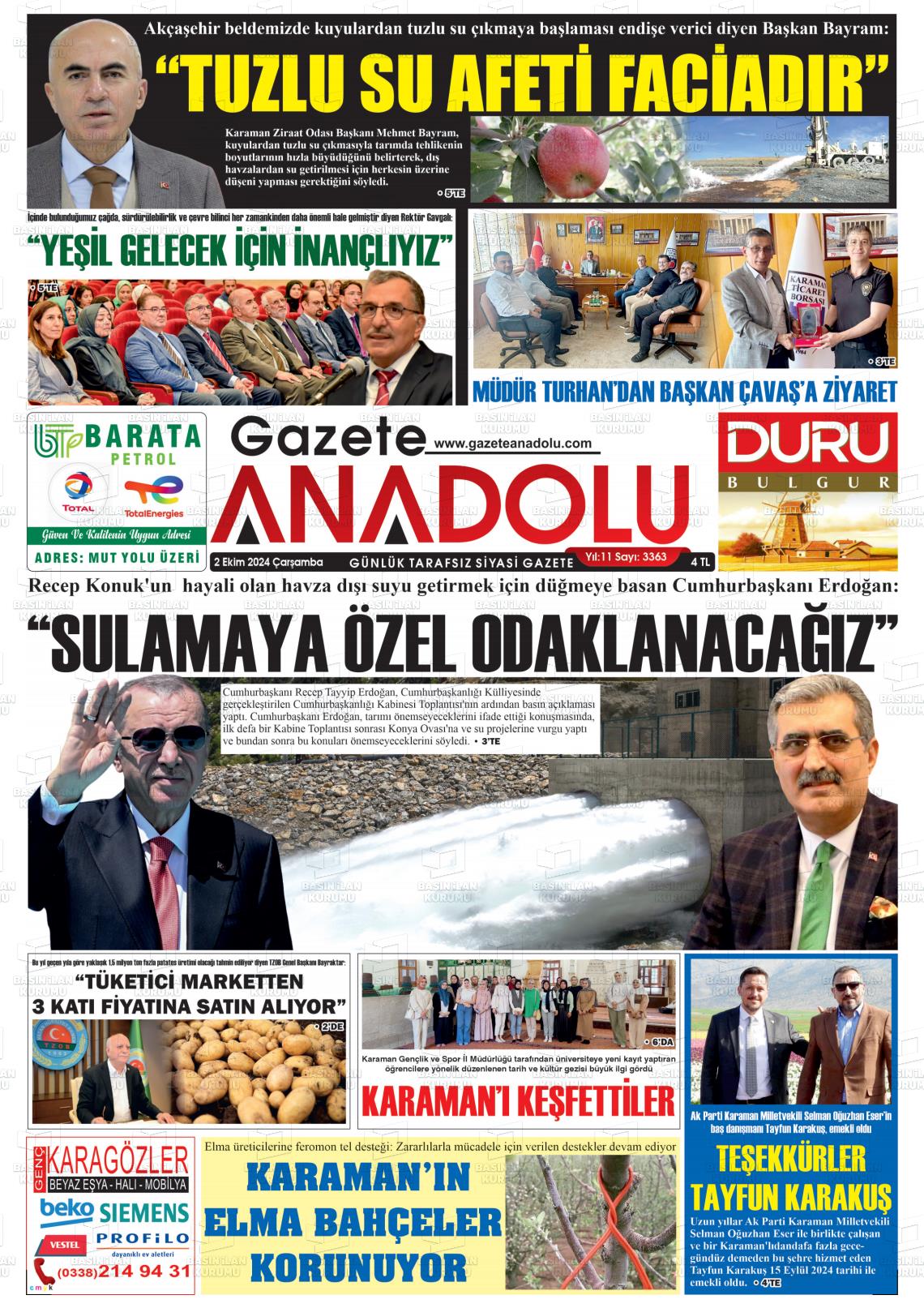 02 Ekim 2024 Gazete Anadolu Gazete Manşeti