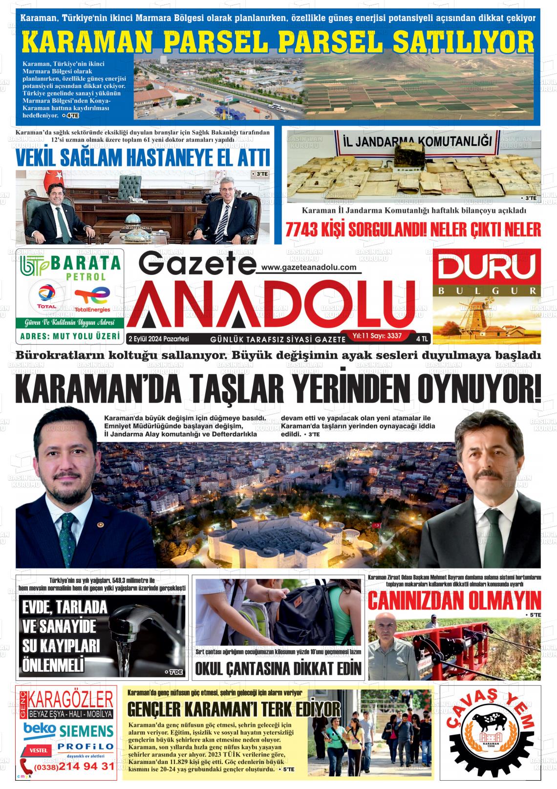 02 Eylül 2024 Gazete Anadolu Gazete Manşeti