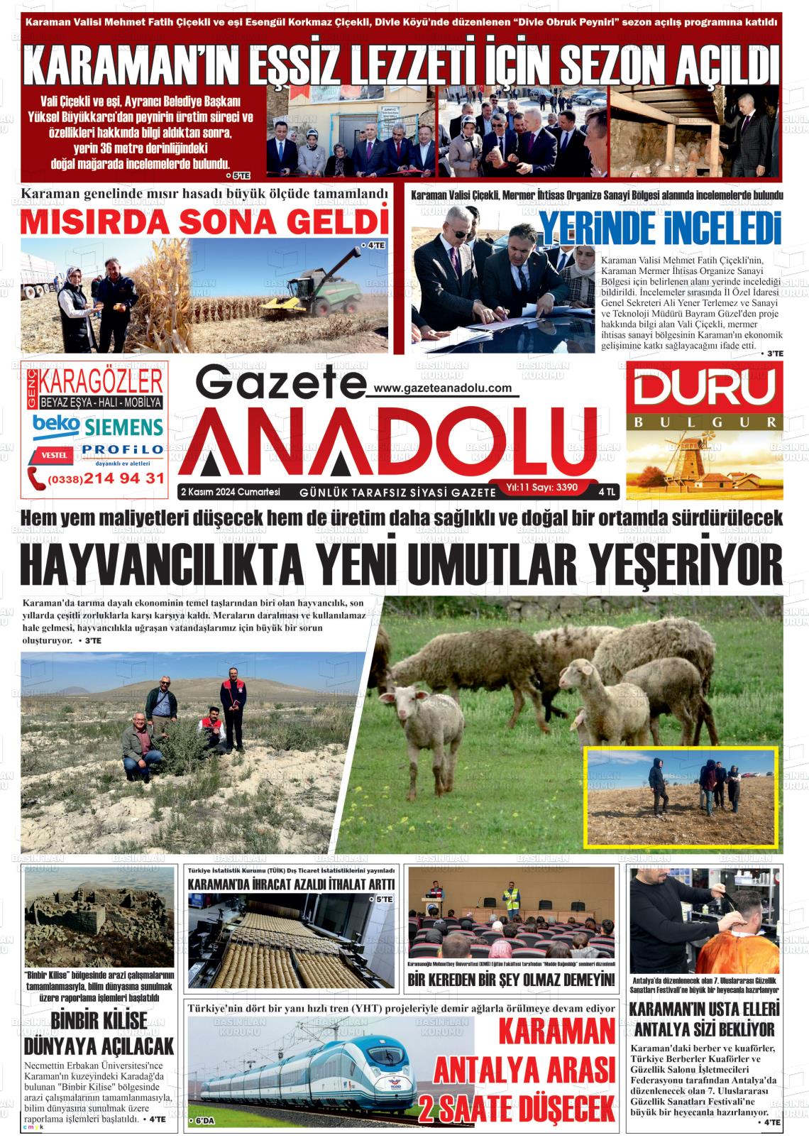 02 Kasım 2024 Gazete Anadolu Gazete Manşeti