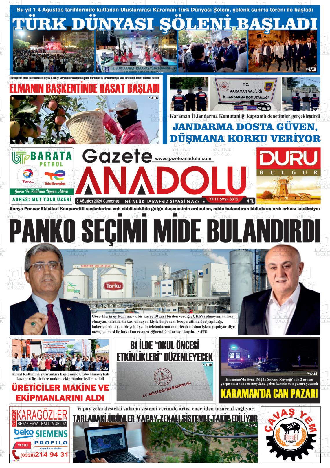 03 Ağustos 2024 Gazete Anadolu Gazete Manşeti