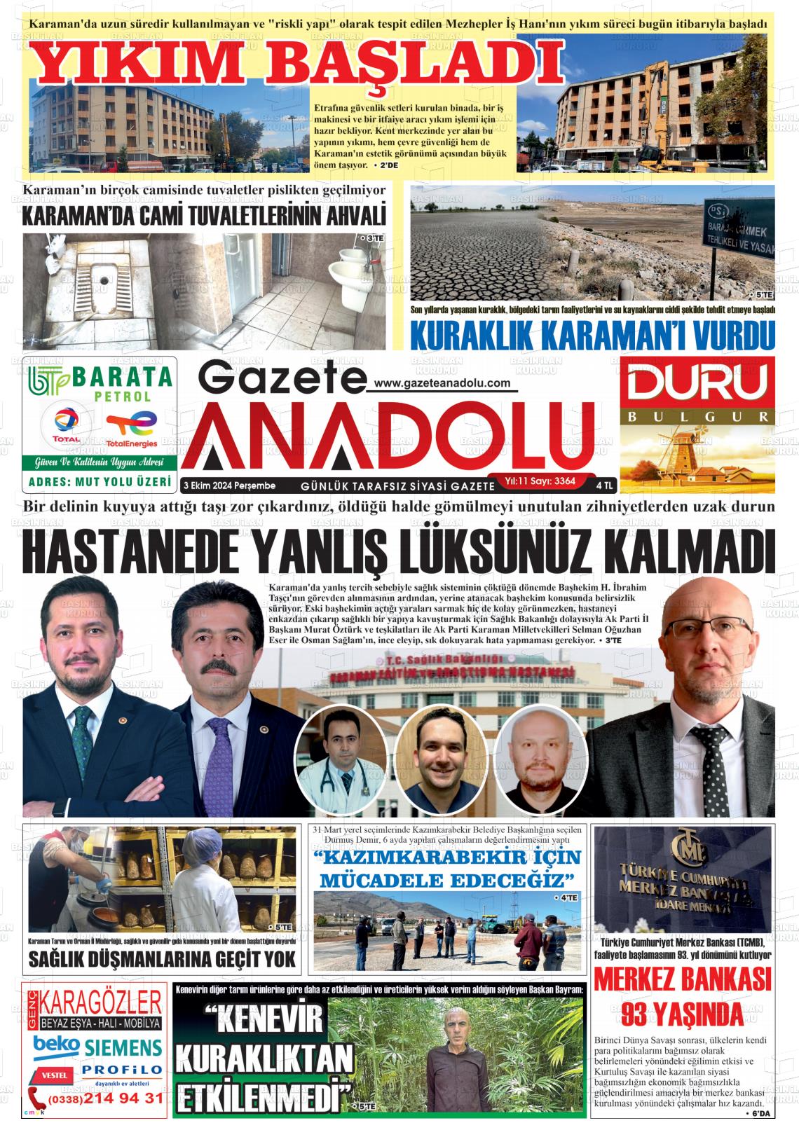 03 Ekim 2024 Gazete Anadolu Gazete Manşeti