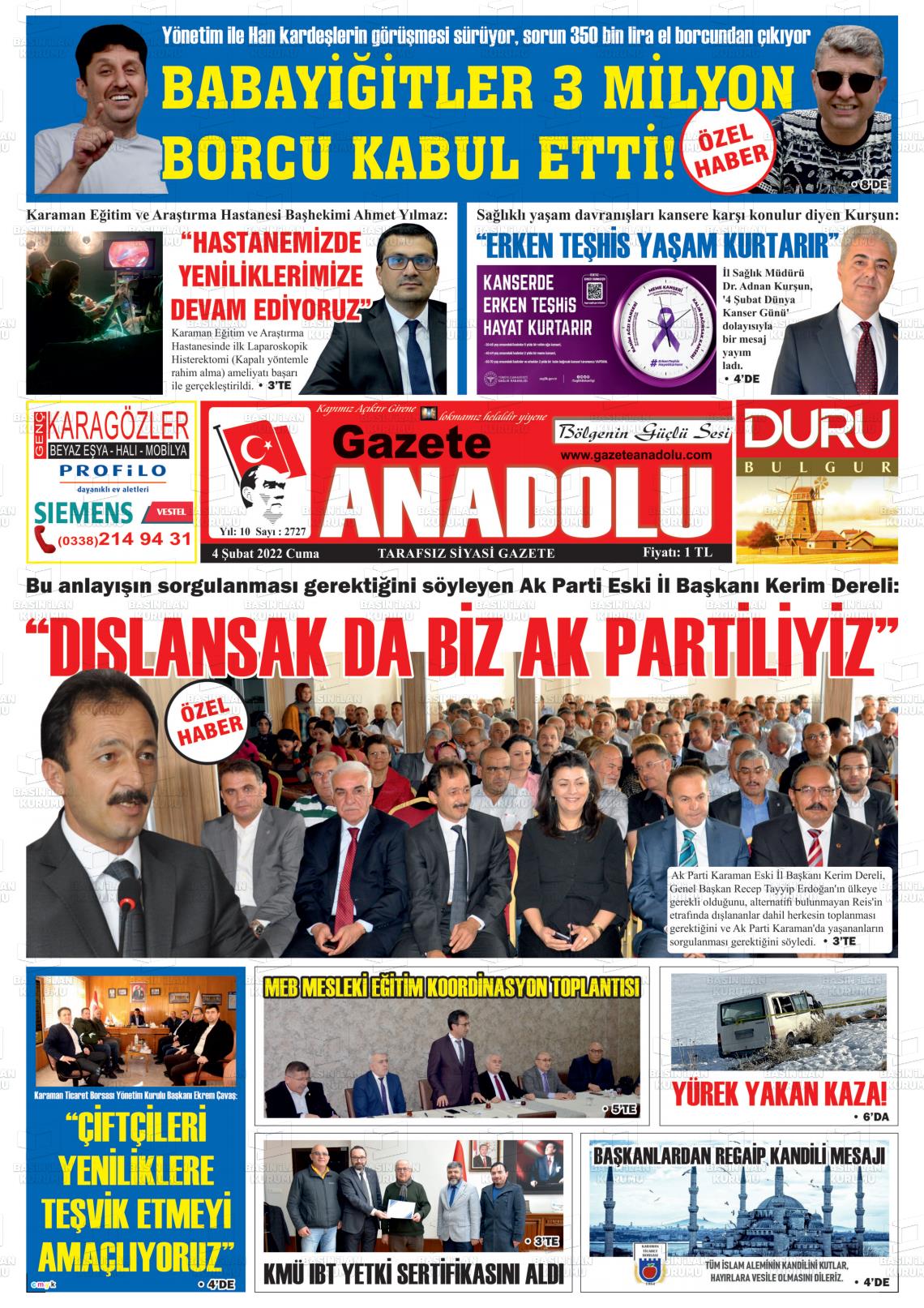 04 Şubat 2022 Gazete Anadolu Gazete Manşeti