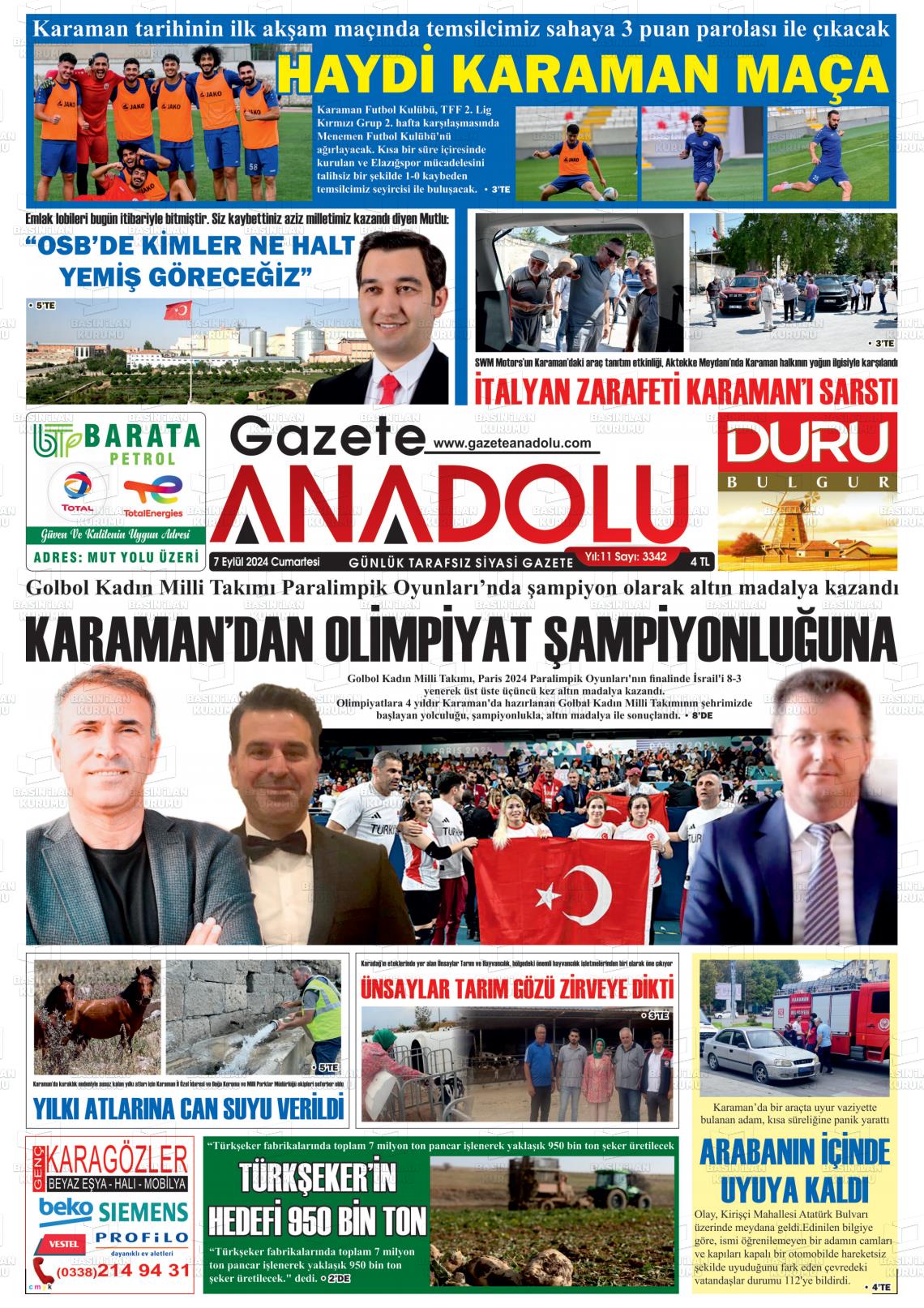 07 Eylül 2024 Gazete Anadolu Gazete Manşeti