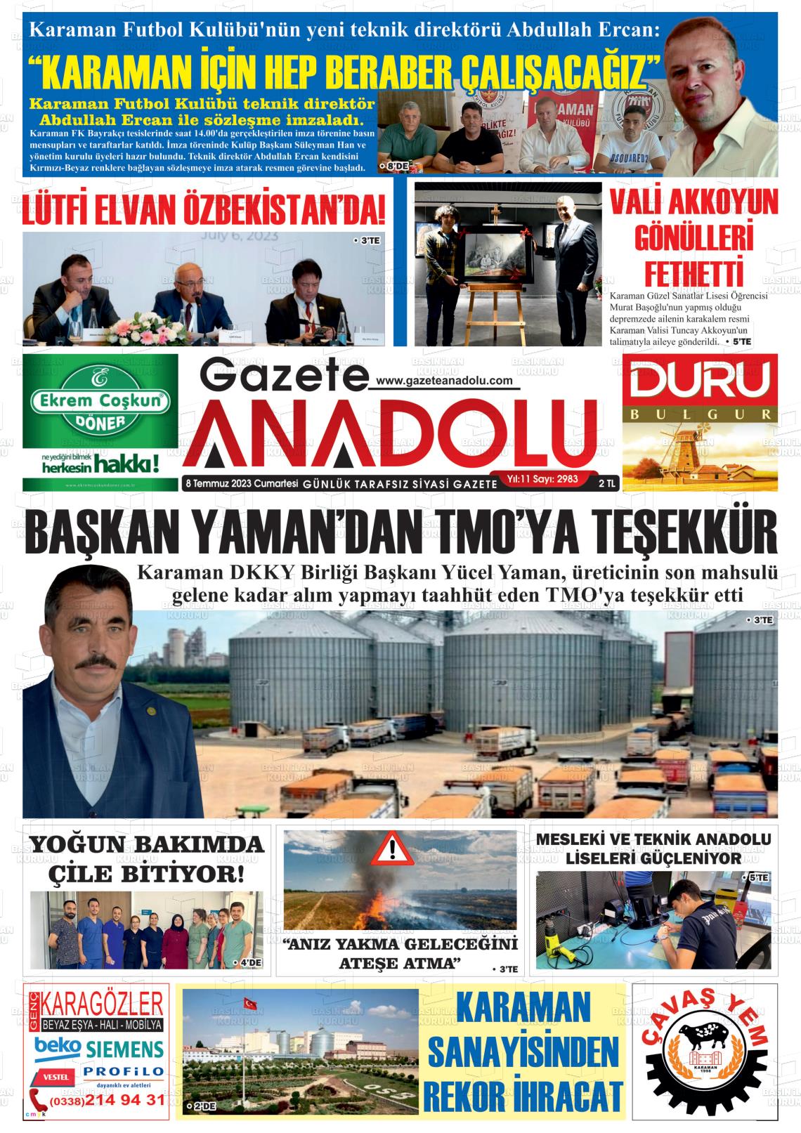 08 Temmuz 2023 Gazete Anadolu Gazete Manşeti