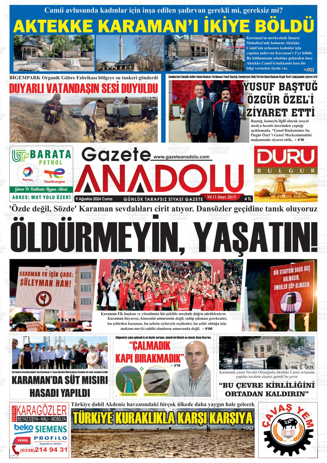 09 Ağustos 2024 Gazete Anadolu Gazete Manşeti