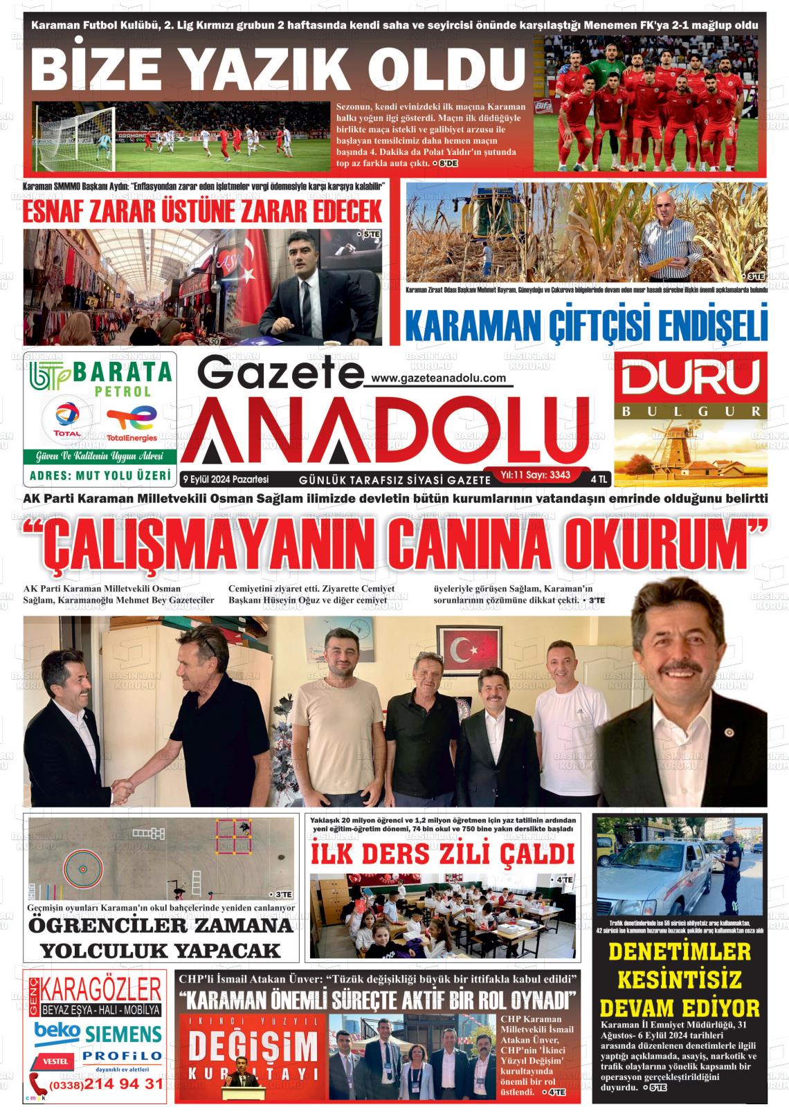 09 Eylül 2024 Gazete Anadolu Gazete Manşeti