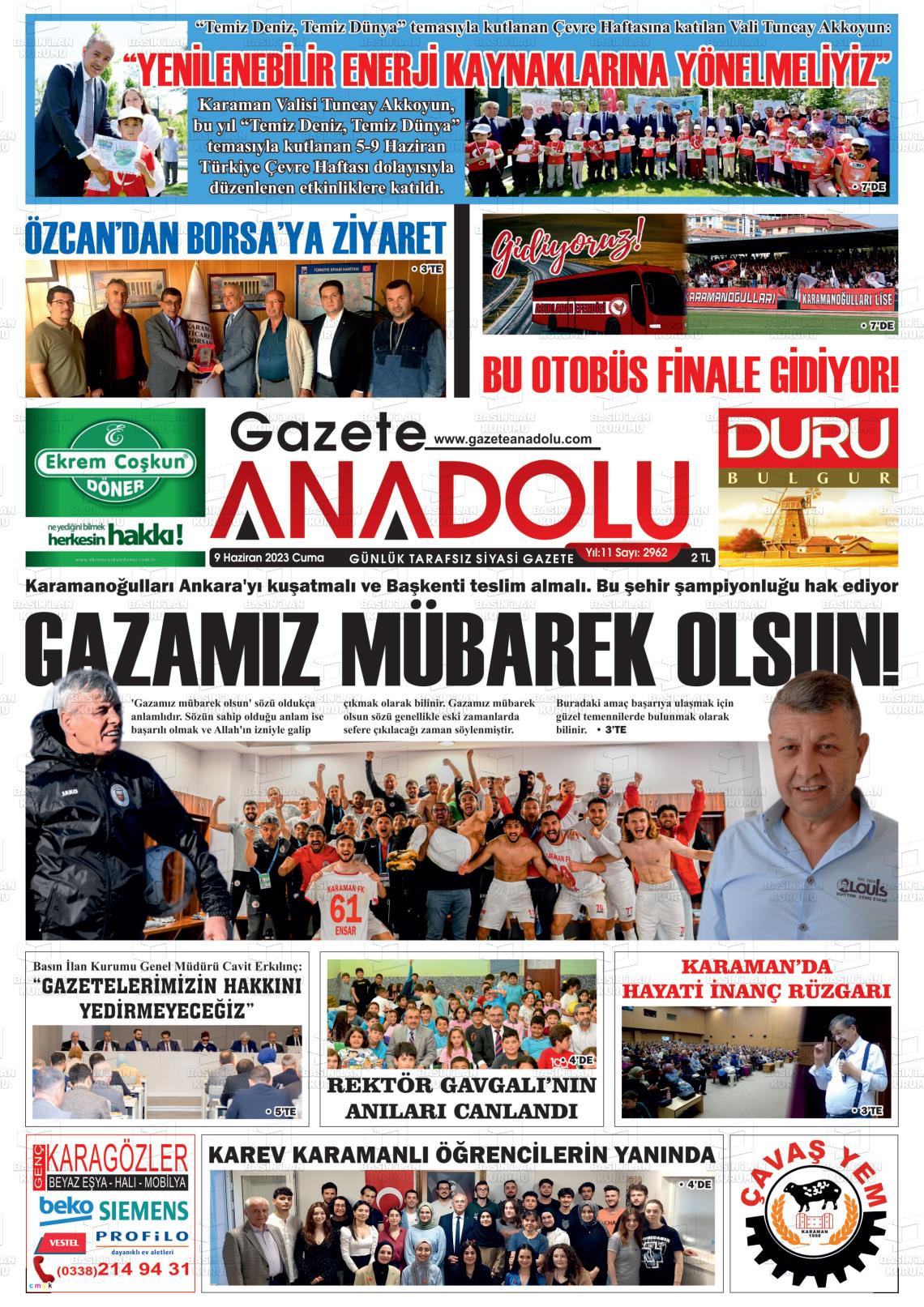 09 Haziran 2023 Gazete Anadolu Gazete Manşeti