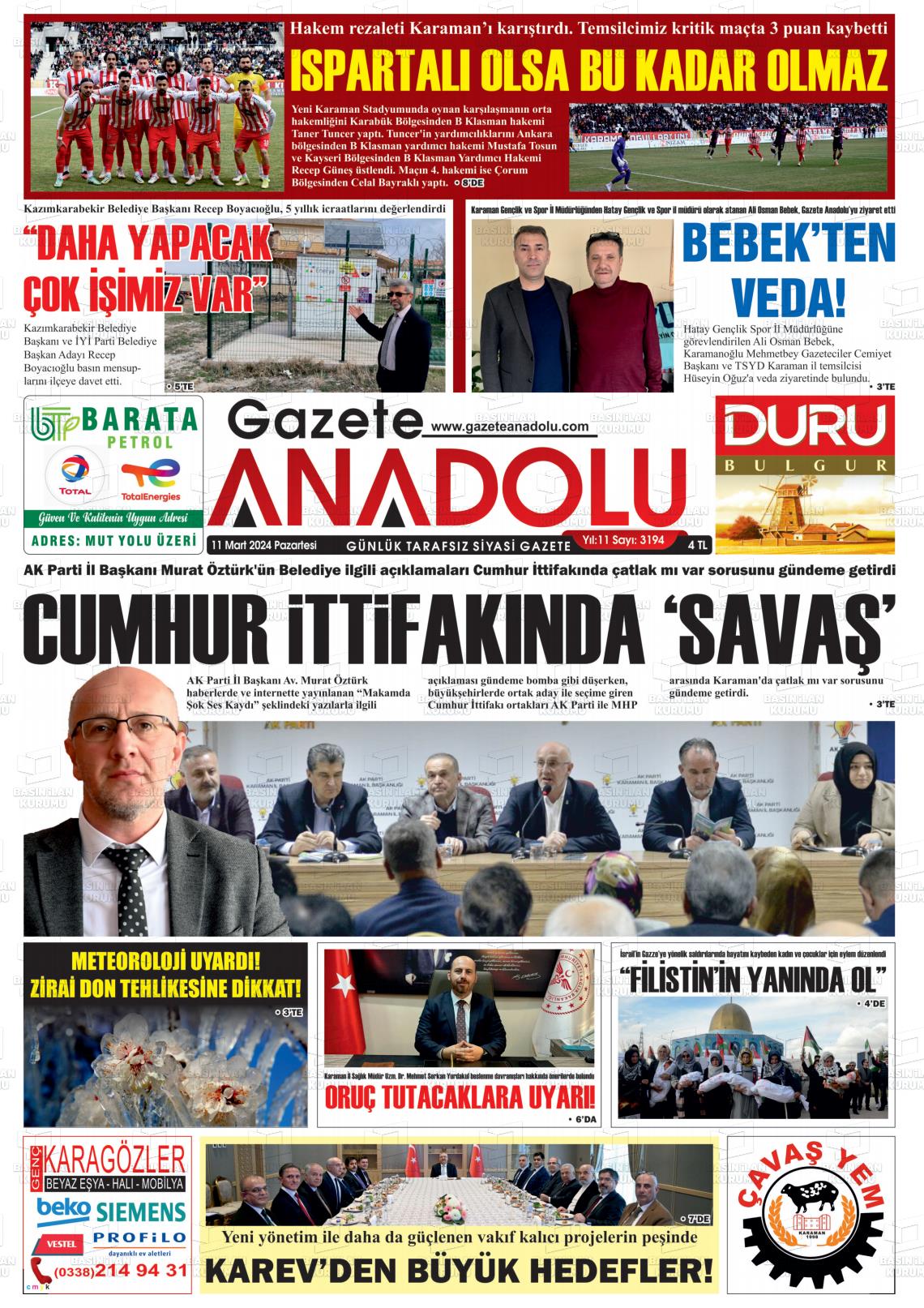 11 Mart 2024 Gazete Anadolu Gazete Manşeti