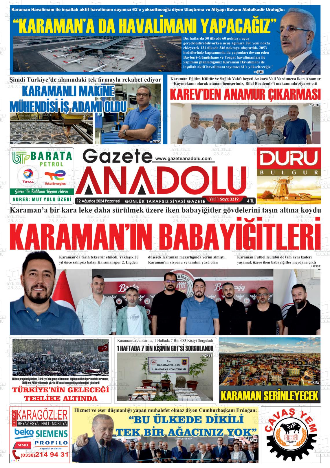 12 Ağustos 2024 Gazete Anadolu Gazete Manşeti