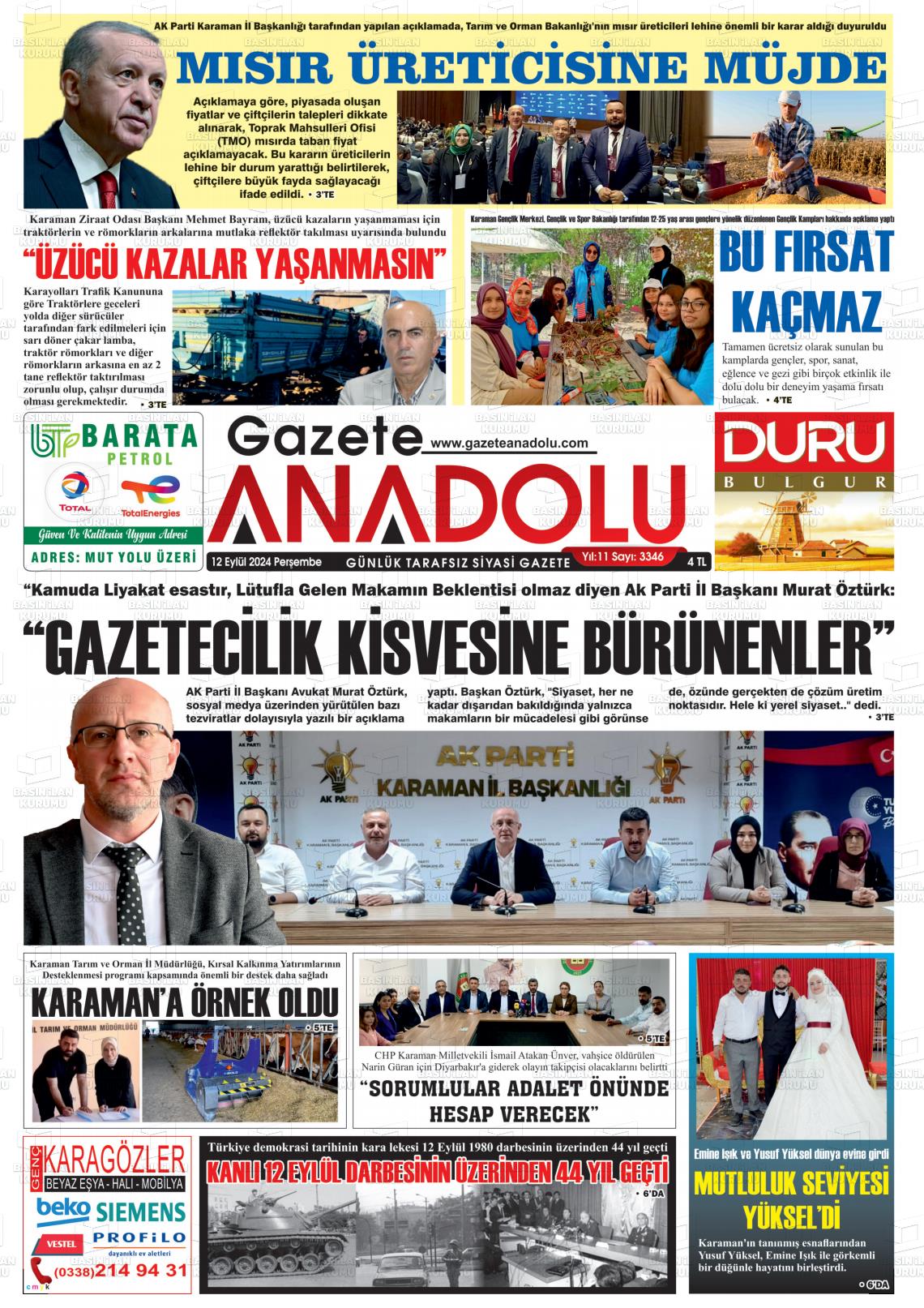 12 Eylül 2024 Gazete Anadolu Gazete Manşeti