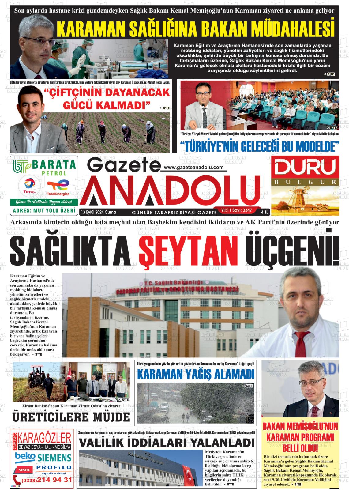 13 Eylül 2024 Gazete Anadolu Gazete Manşeti