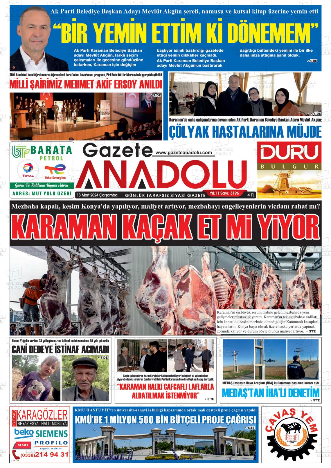 13 Mart 2024 Gazete Anadolu Gazete Manşeti