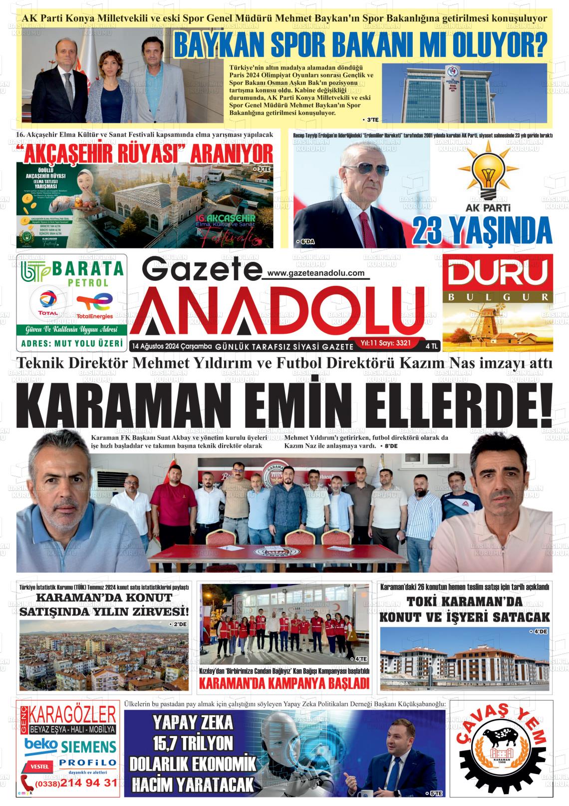 14 Ağustos 2024 Gazete Anadolu Gazete Manşeti