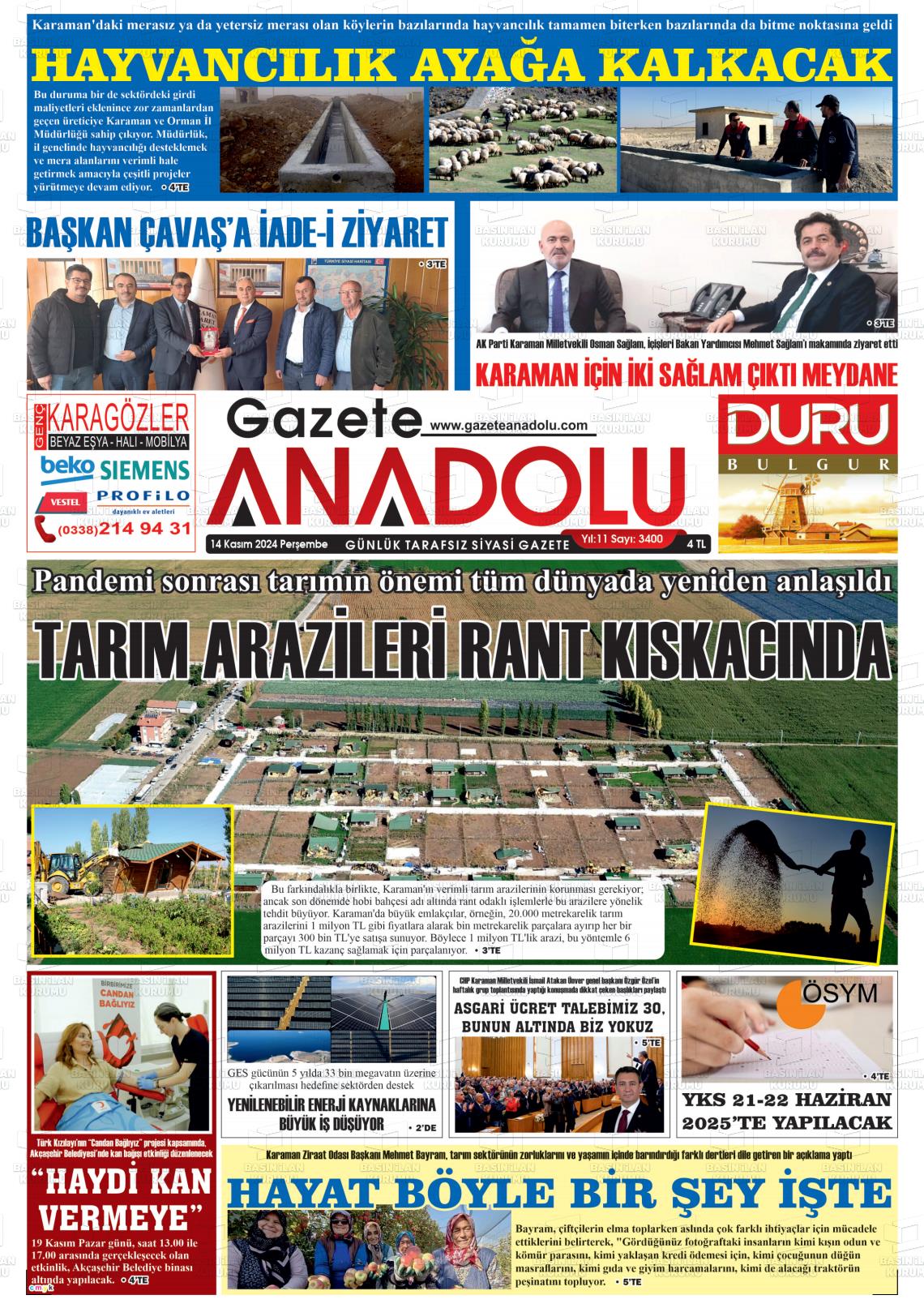 14 Kasım 2024 Gazete Anadolu Gazete Manşeti