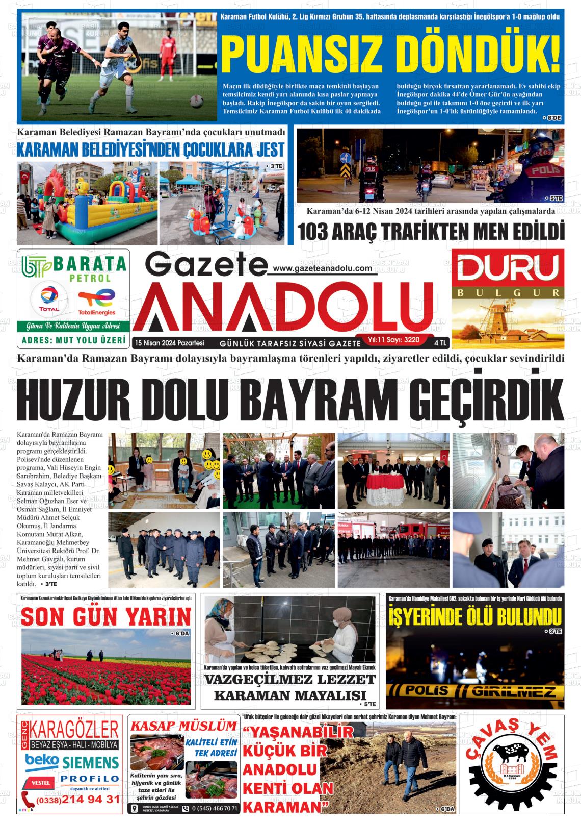 15 Nisan 2024 Gazete Anadolu Gazete Manşeti