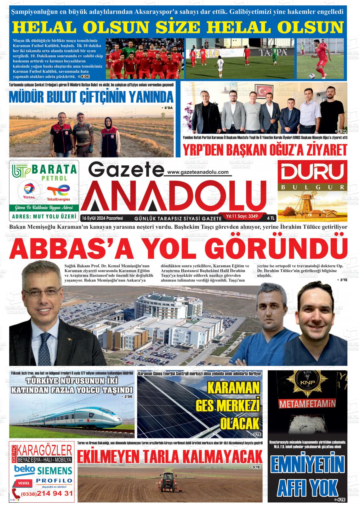 16 Eylül 2024 Gazete Anadolu Gazete Manşeti