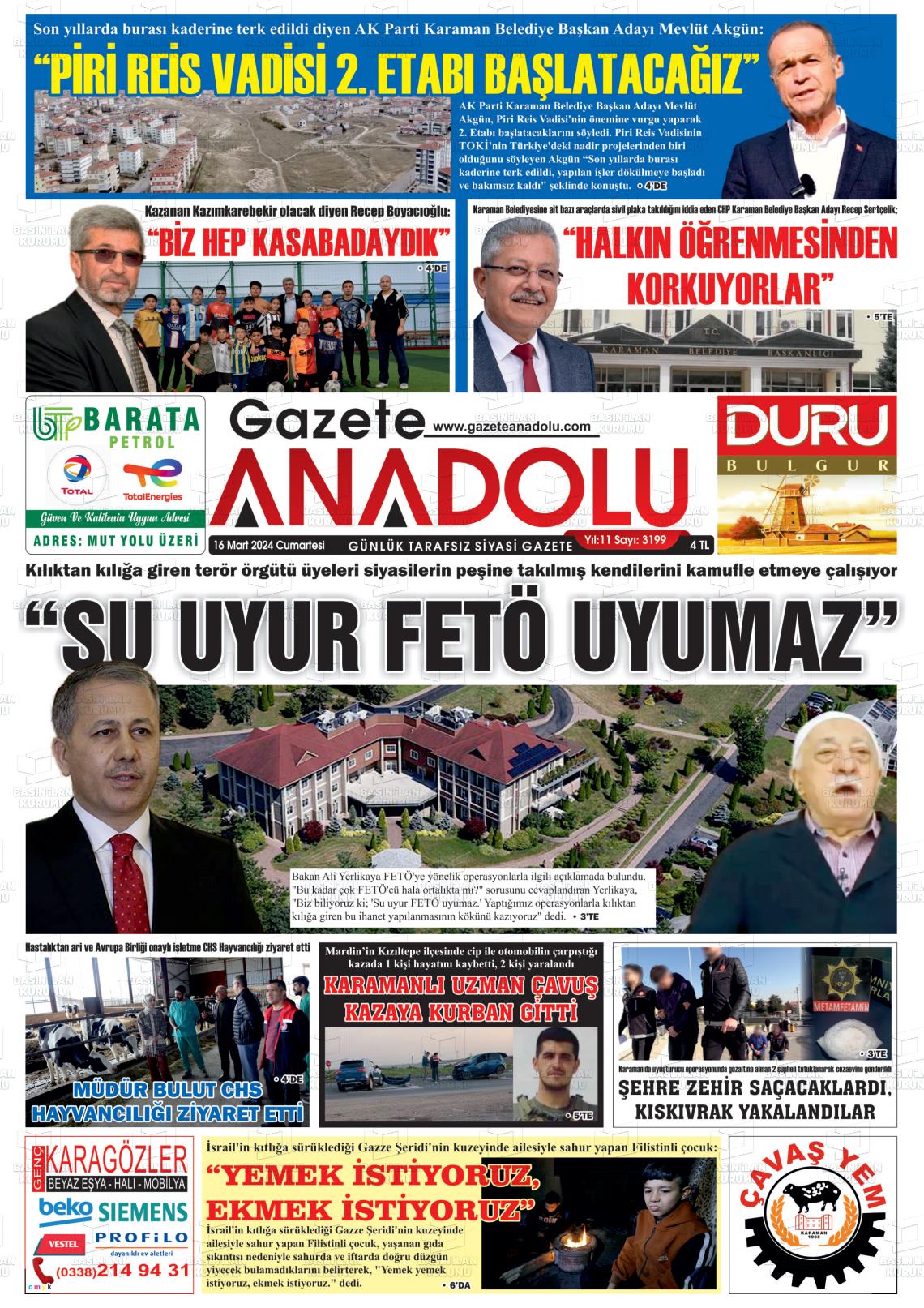 16 Mart 2024 Gazete Anadolu Gazete Manşeti