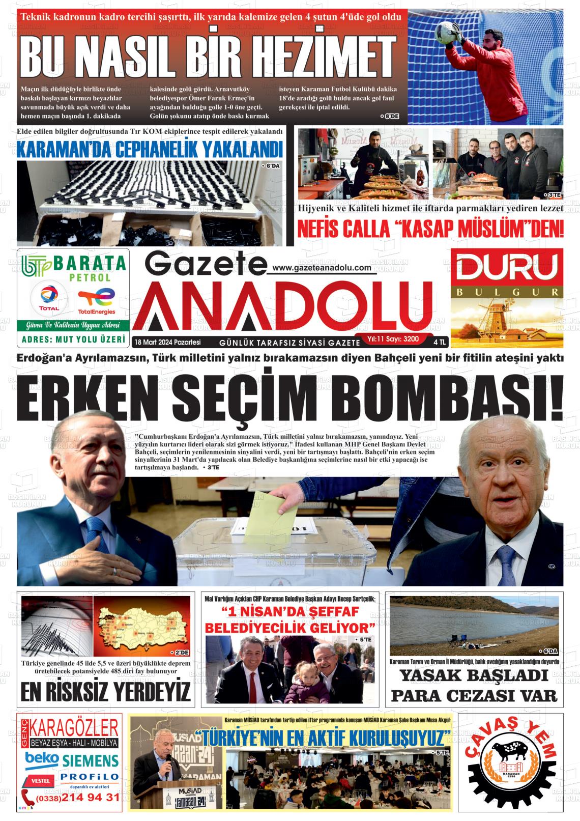 18 Mart 2024 Gazete Anadolu Gazete Manşeti