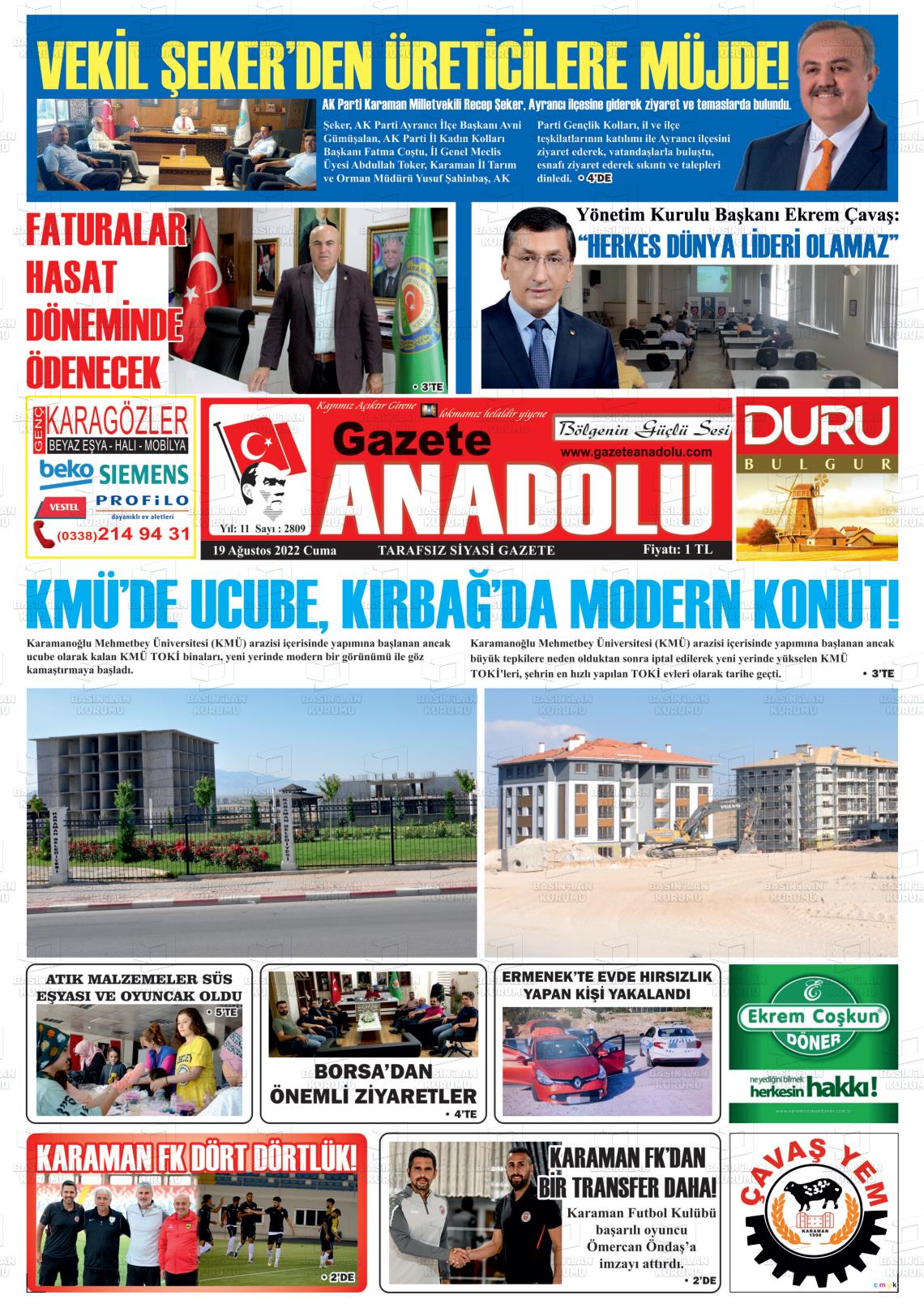 19 Ağustos 2022 Gazete Anadolu Gazete Manşeti