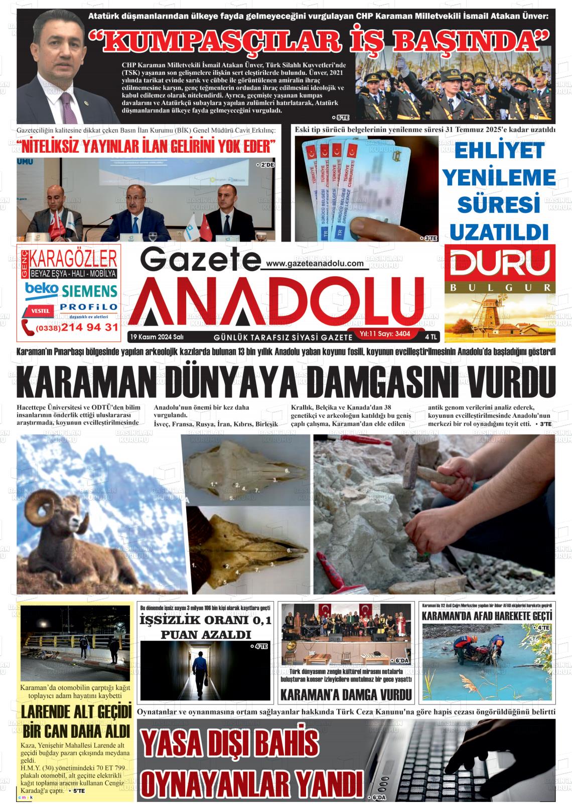 19 Kasım 2024 Gazete Anadolu Gazete Manşeti