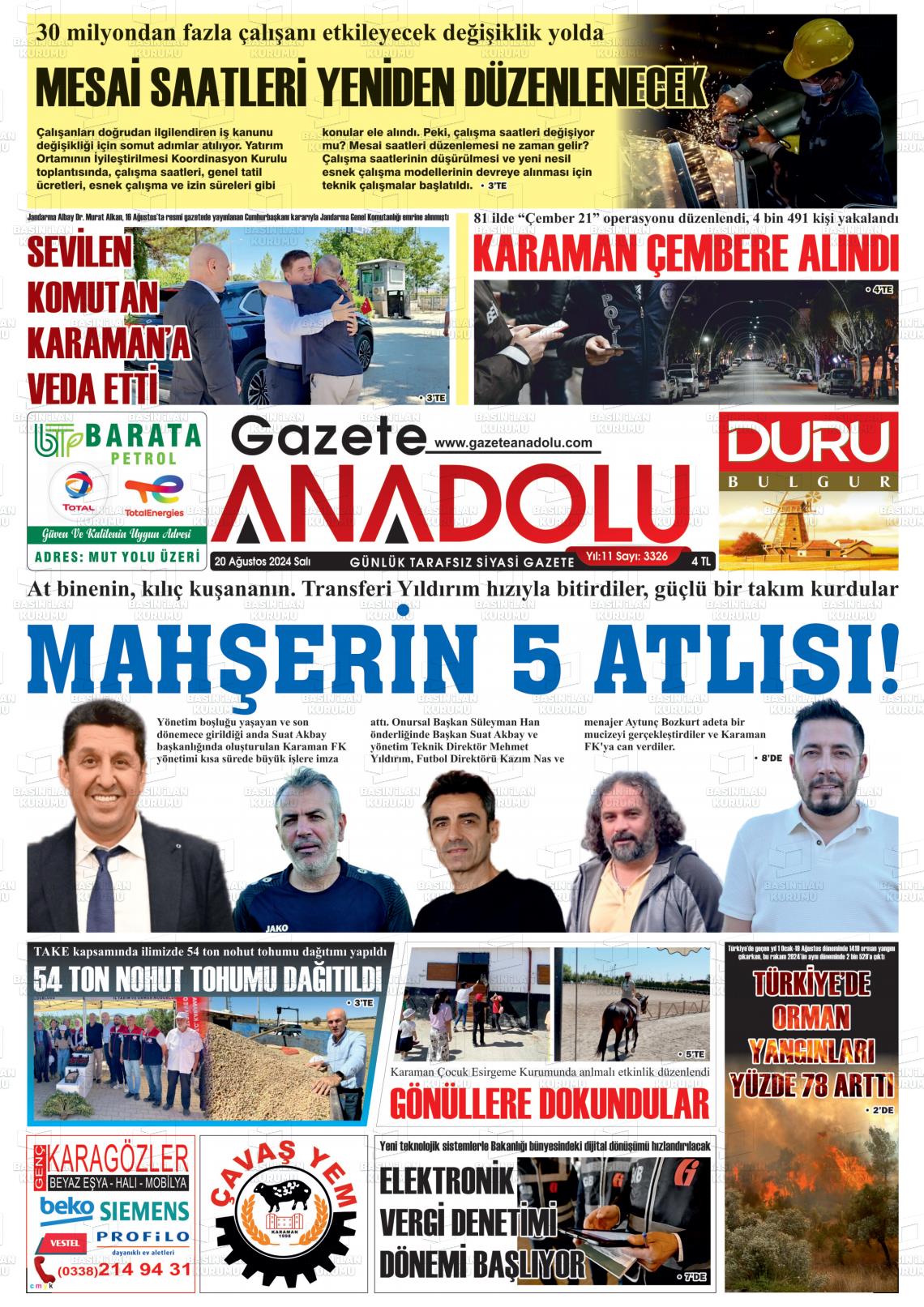 20 Ağustos 2024 Gazete Anadolu Gazete Manşeti