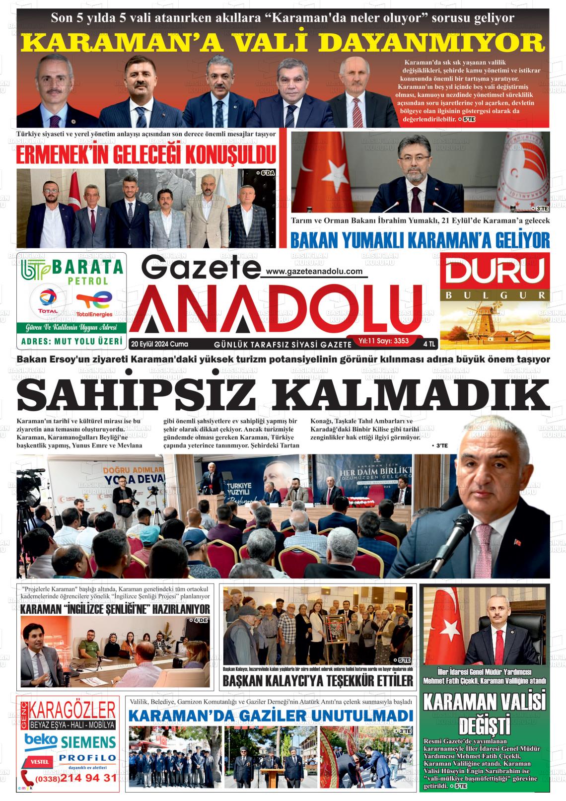 20 Eylül 2024 Gazete Anadolu Gazete Manşeti