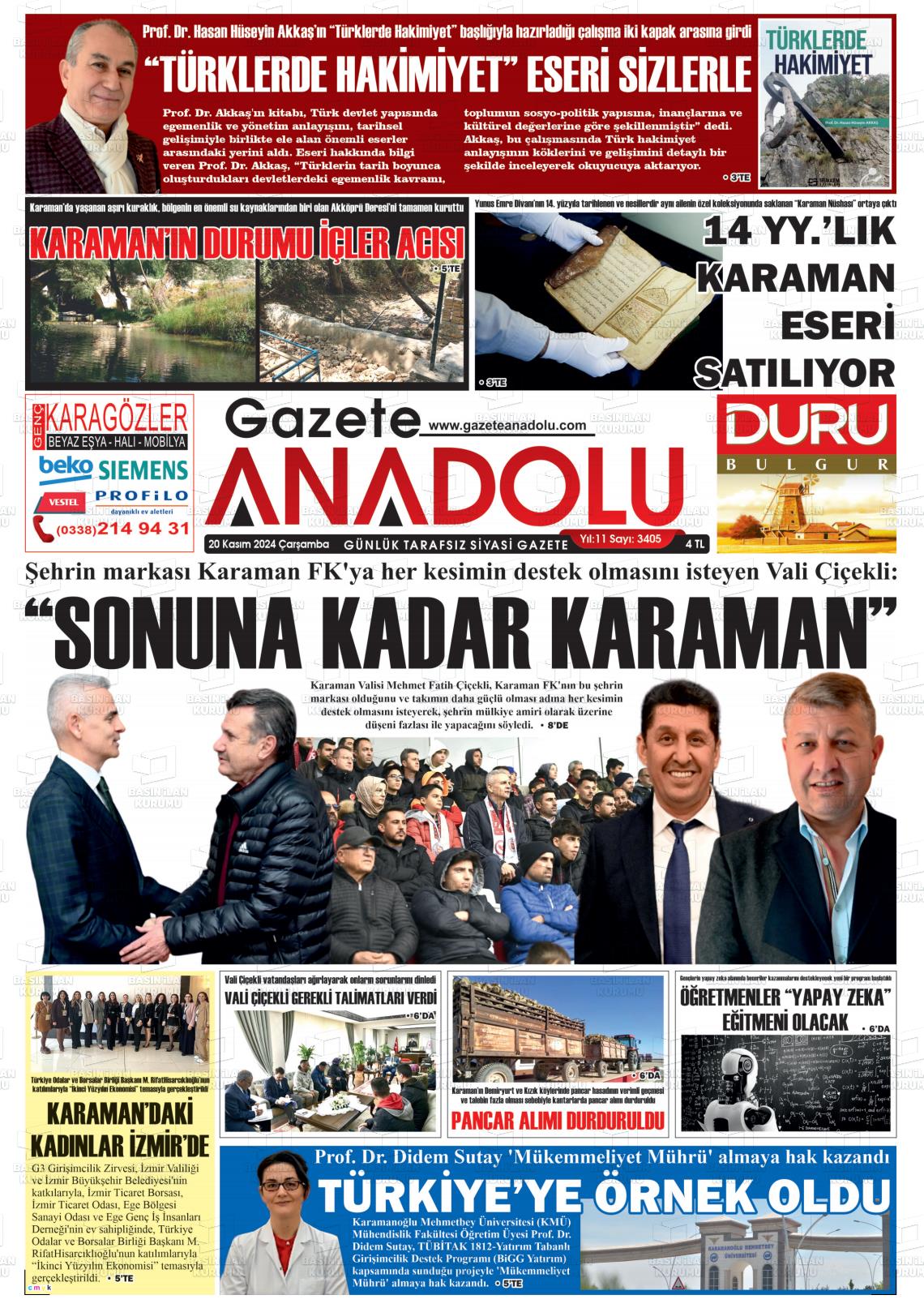 20 Kasım 2024 Gazete Anadolu Gazete Manşeti