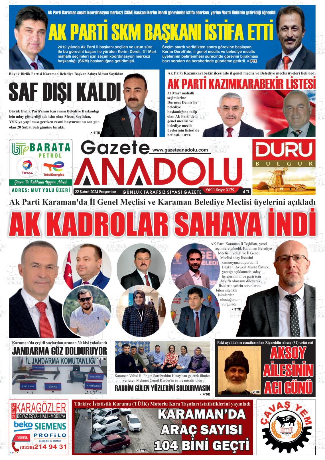 22 Şubat 2024 Gazete Anadolu Gazete Manşeti