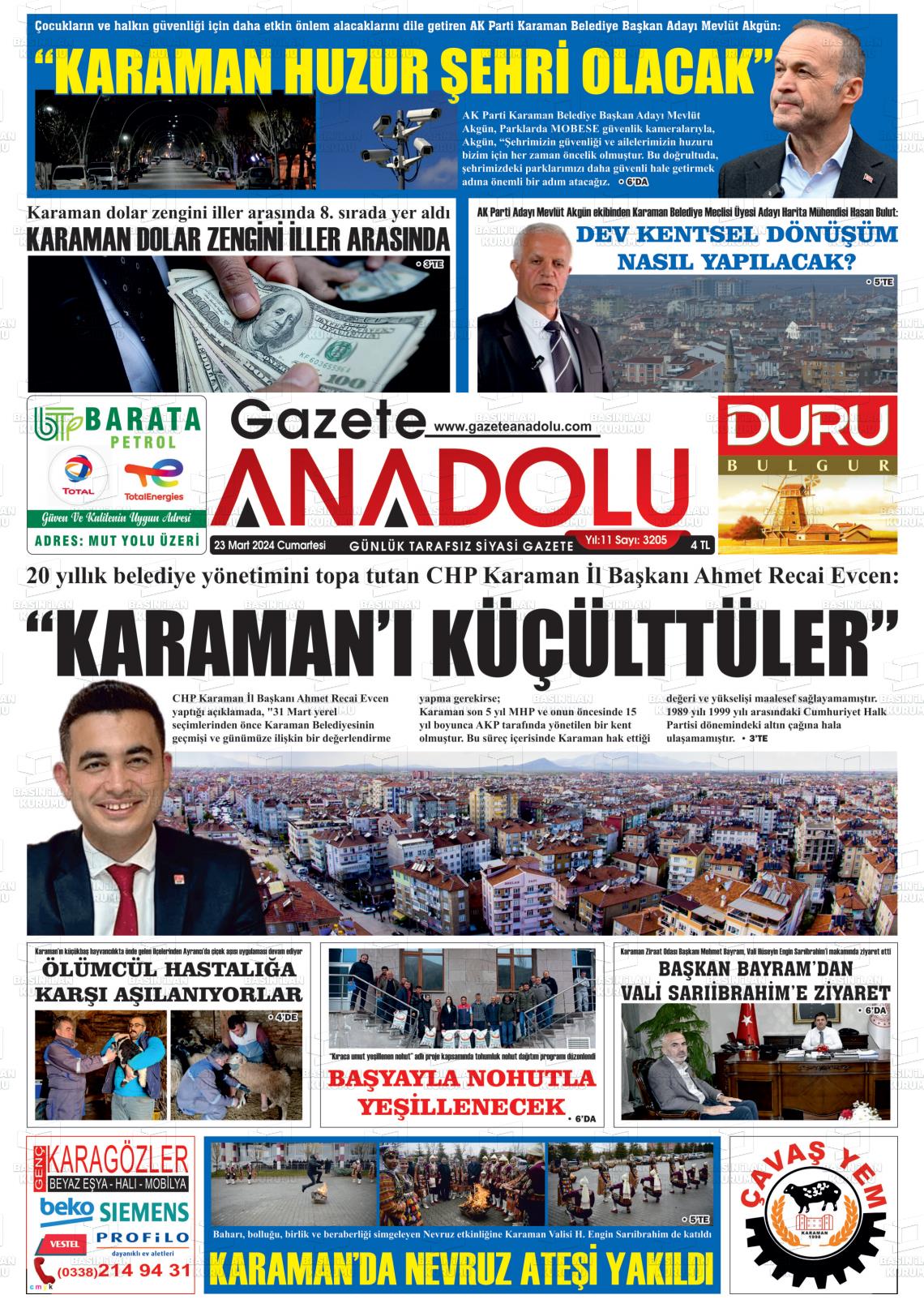 23 Mart 2024 Gazete Anadolu Gazete Manşeti